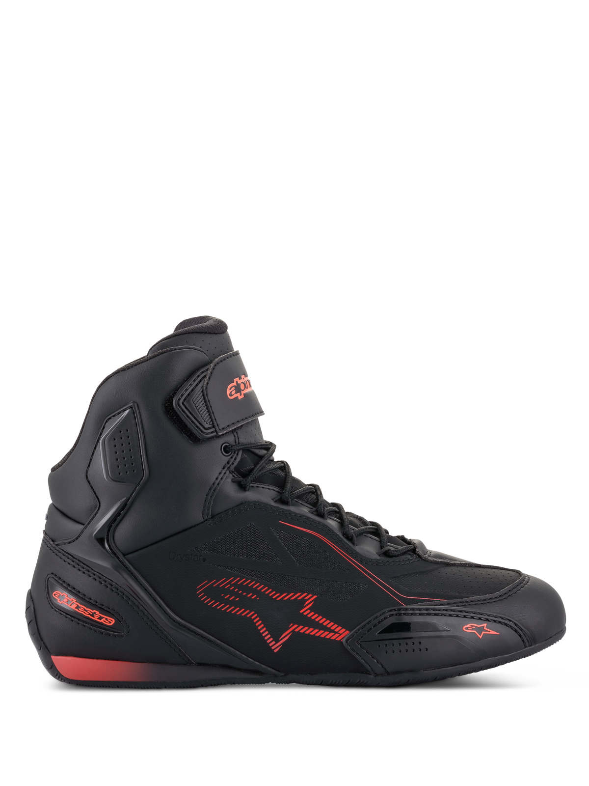 Alpinestars Faster-3 Drystar Shoes, buty motocyklowe w kolorze czarnym i czerwonym fluo, widok z profilu, fason wysokich sneakersów z lekkiej mikrofibry, wodoodporna membrana Drystar, czerwone logo z gwiazdą i branding, pasek z rzepem na kostce oraz perforowane detale zapewniające oddychalność.