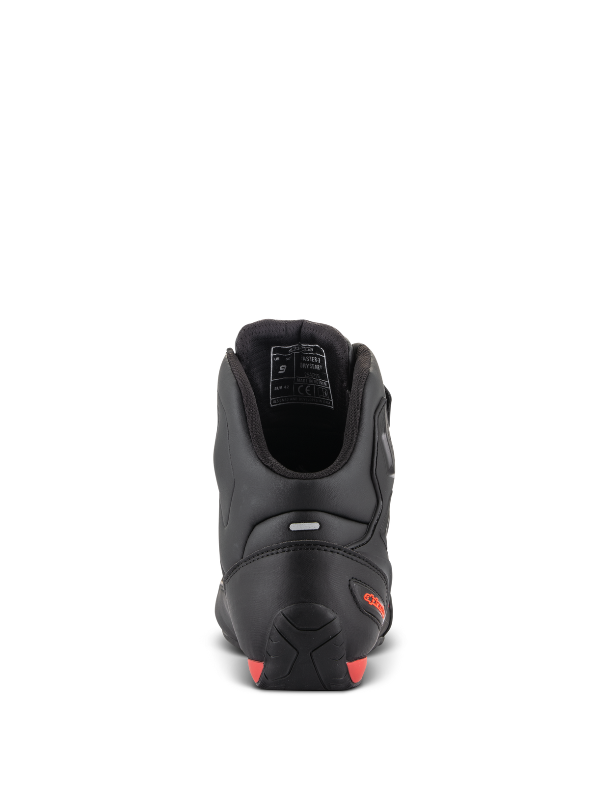 Alpinestars Faster-3 Drystar® Shoes, buty motocyklowe, widok z tyłu pokazujący piętę i kostkę, czarna mikrofibra z czerwonymi akcentami fluo, pasek odblaskowy dla lepszej widoczności, sportowe obuwie ochronne do użytku drogowego i miejskiego