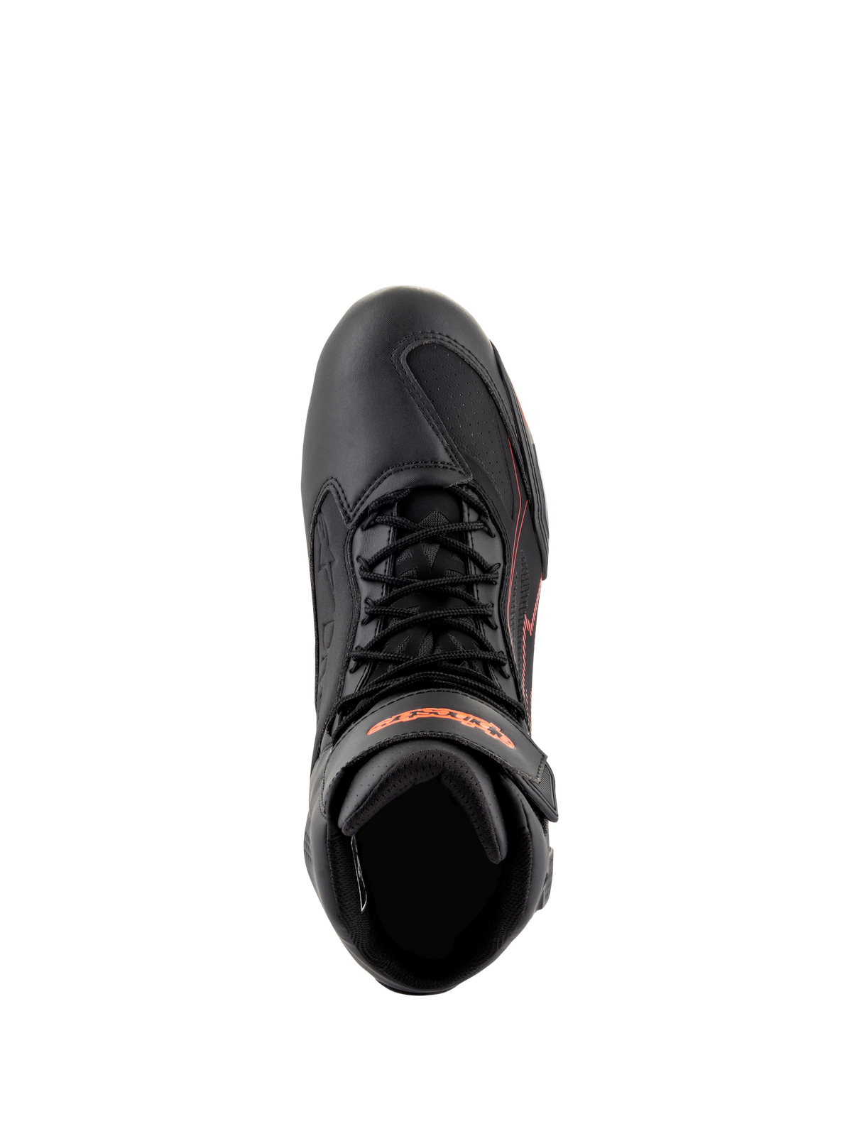 Buty Alpinestars Faster-3 Drystar®, buty motocyklowe, czarne z czerwonymi akcentami fluo, widok z góry pokazujący sznurowadła i pasek na kostce, techniczna konstrukcja z mikrowłókna