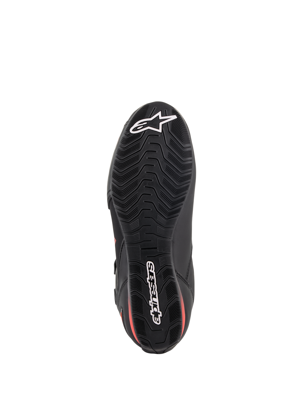 Buty Alpinestars Faster-3 Drystar®, buty motocyklowe, czarne i czerwone fluo, widok podeszwy od spodu, teksturowana gumowa podeszwa zewnętrzna z falistym wzorem bieżnika, białe logo gwiazdy i logotyp Alpinestars, wodoodporne obuwie wyczynowe