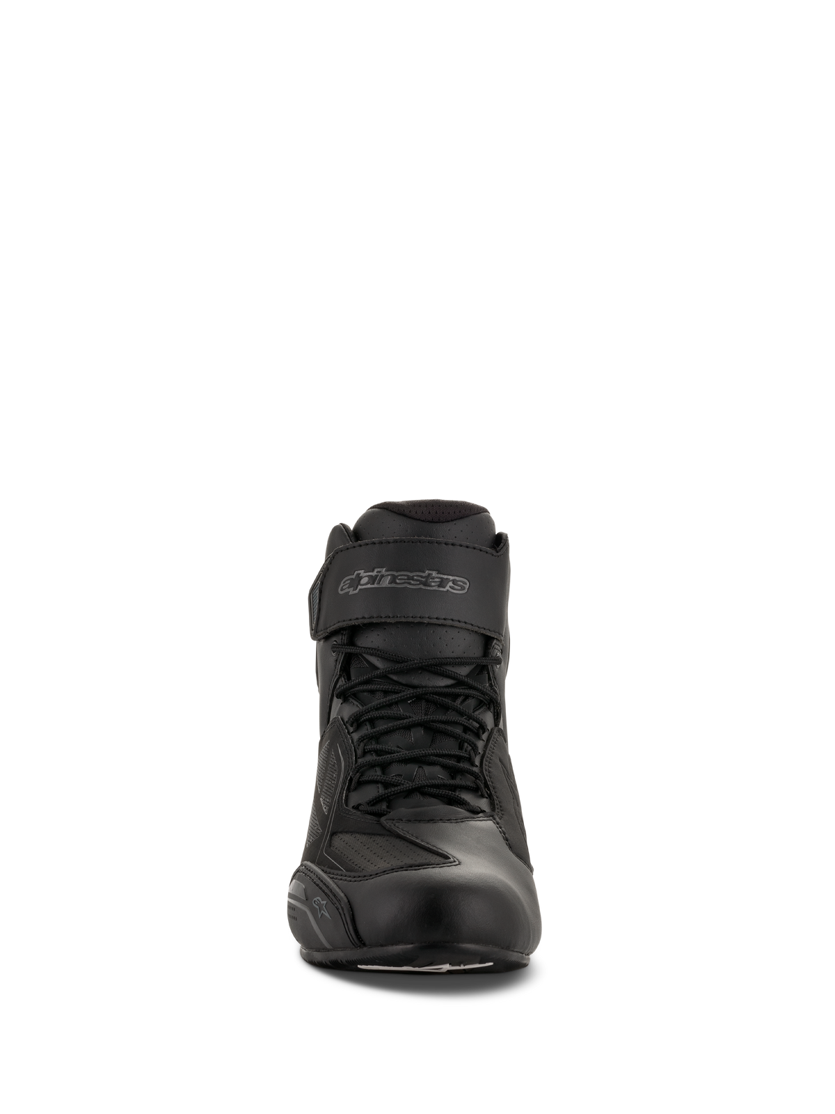 Buty motocyklowe Alpinestars Faster-3 Drystar®, czarno-szare (Black Cool Gray), widok z przodu ukazujący sznurowane zapięcie i pasek na rzep na kostce, wodoodporne obuwie motocyklowe z mikrowłókna.