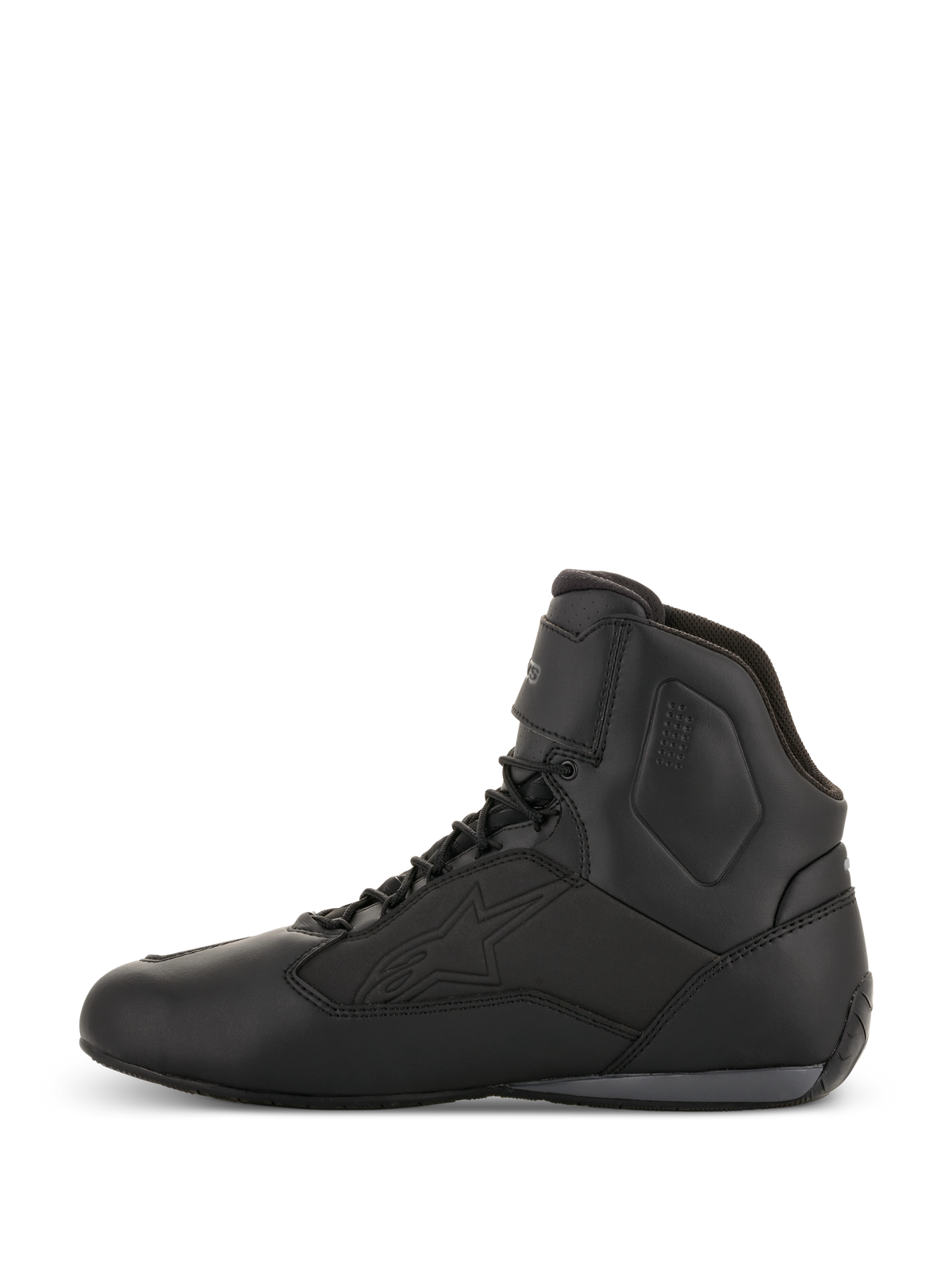 Alpinestars Faster-3 Drystar® Riding Shoes, buty motocyklowe, czarne z szarymi detalami, widok z profilu, wysoka konstrukcja ze sznurowadłami, wodoodporna konstrukcja z mikrowłókna, techniczne wyposażenie do jazdy szosowej