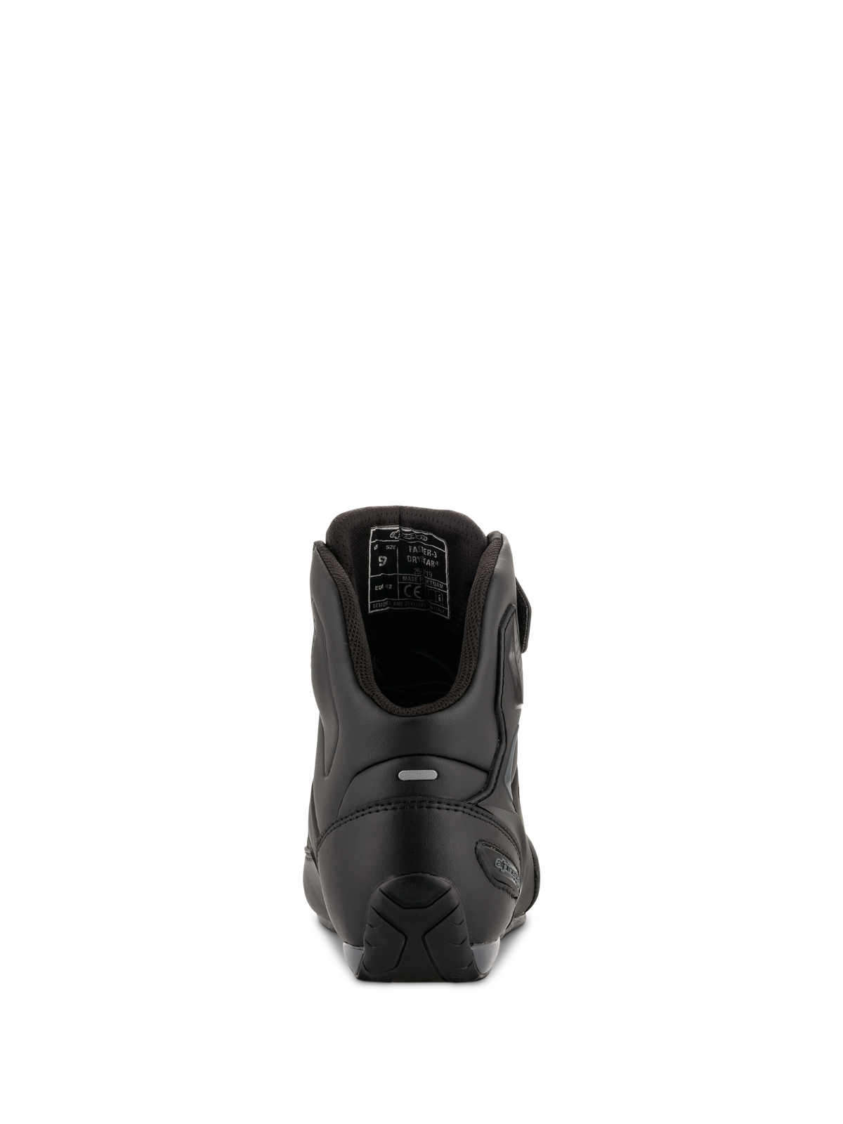 Buty motocyklowe Alpinestars Faster-3 Drystar®, kolor Black Cool Gray, widok z tyłu ukazujący wzmocnienie pięty, odblaskowy element oraz wewnętrzną wyściółkę, wodoodporna konstrukcja z mikrowłókna do jazdy szosowej.