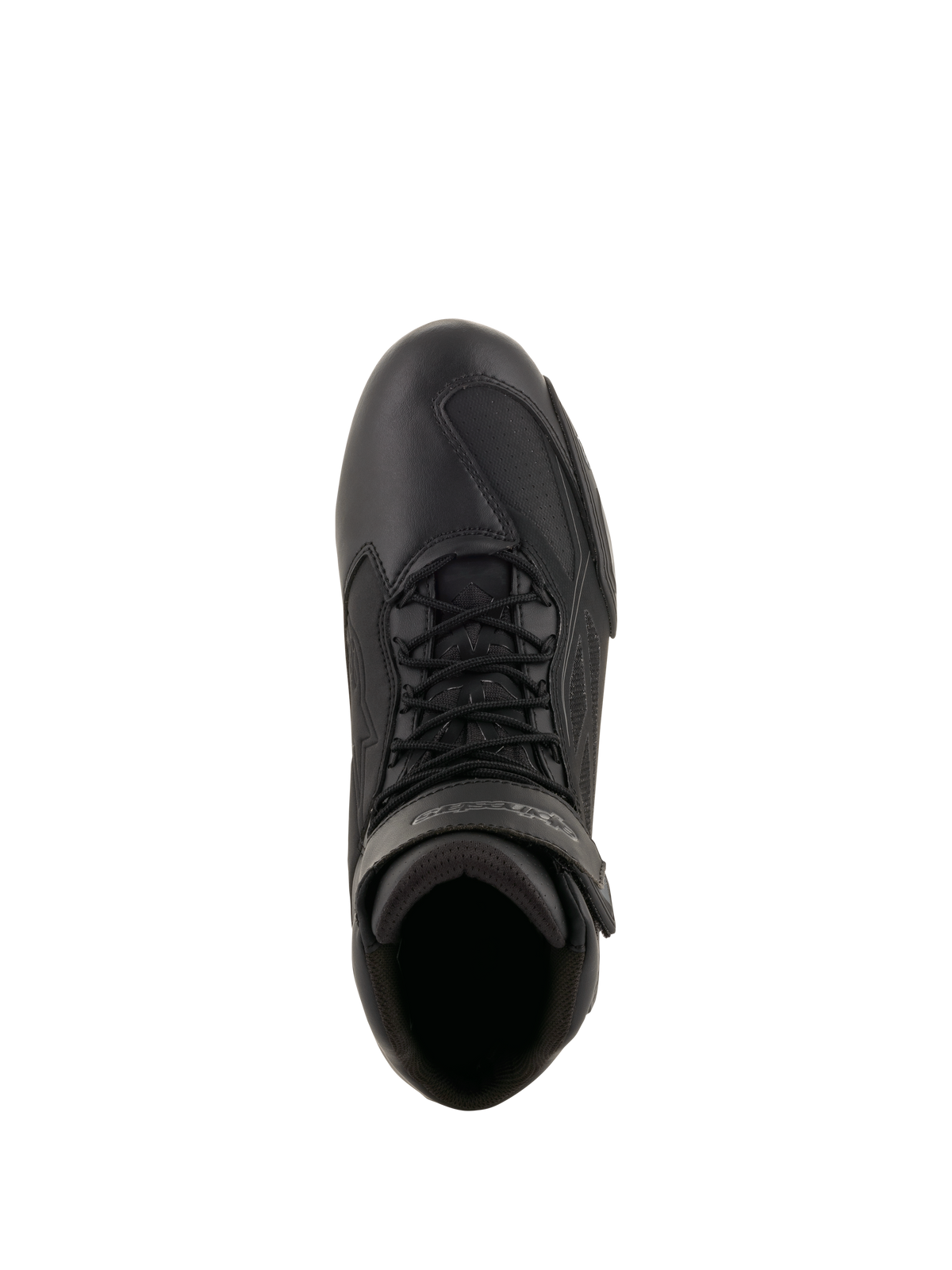 Buty motocyklowe Alpinestars Faster-3 Drystar®, czarne i szare (Cool Gray), widok z góry ukazujący cholewkę z mikrowłókna, czarne sznurowadła i pasek na rzep przy kostce, techniczny sportowy design do jazdy szosowej w każdych warunkach