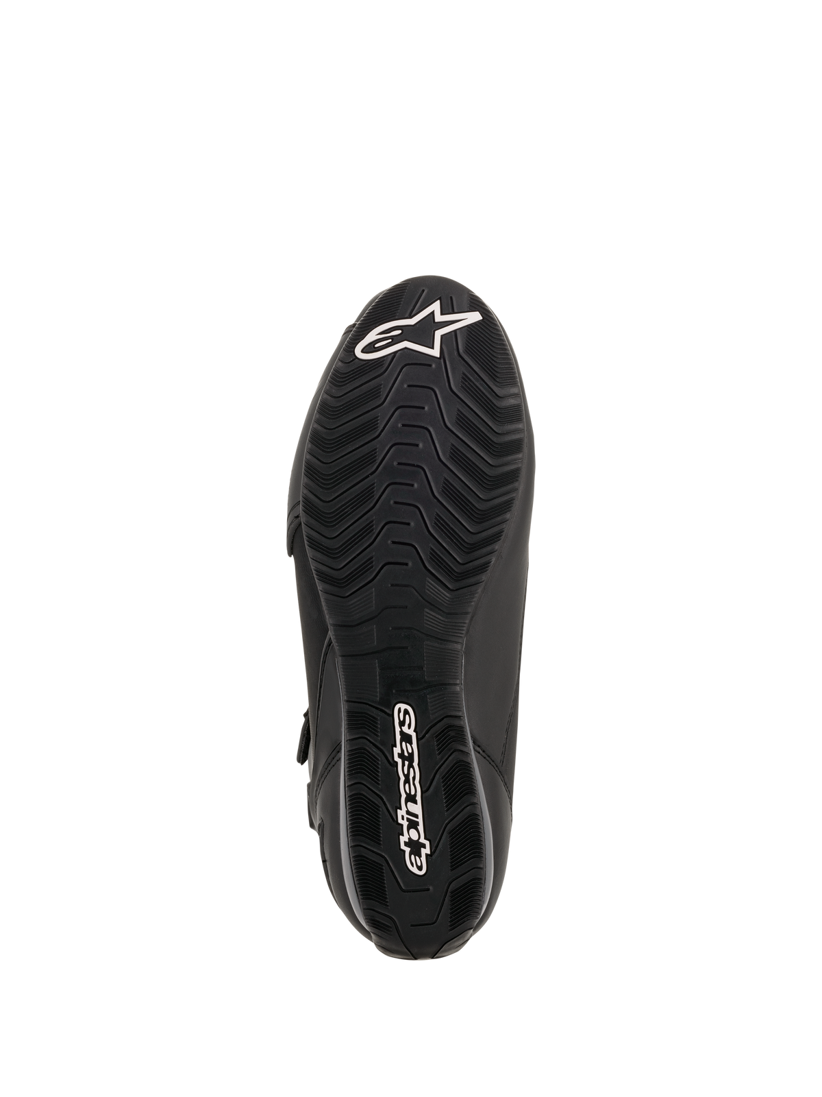 Buty motocyklowe Alpinestars Faster-3 Drystar®, widok podeszwy, czarna guma z falistym wzorem bieżnika, białe logo gwiazdy na czubku i napis na pięcie, techniczne obuwie motocyklowe