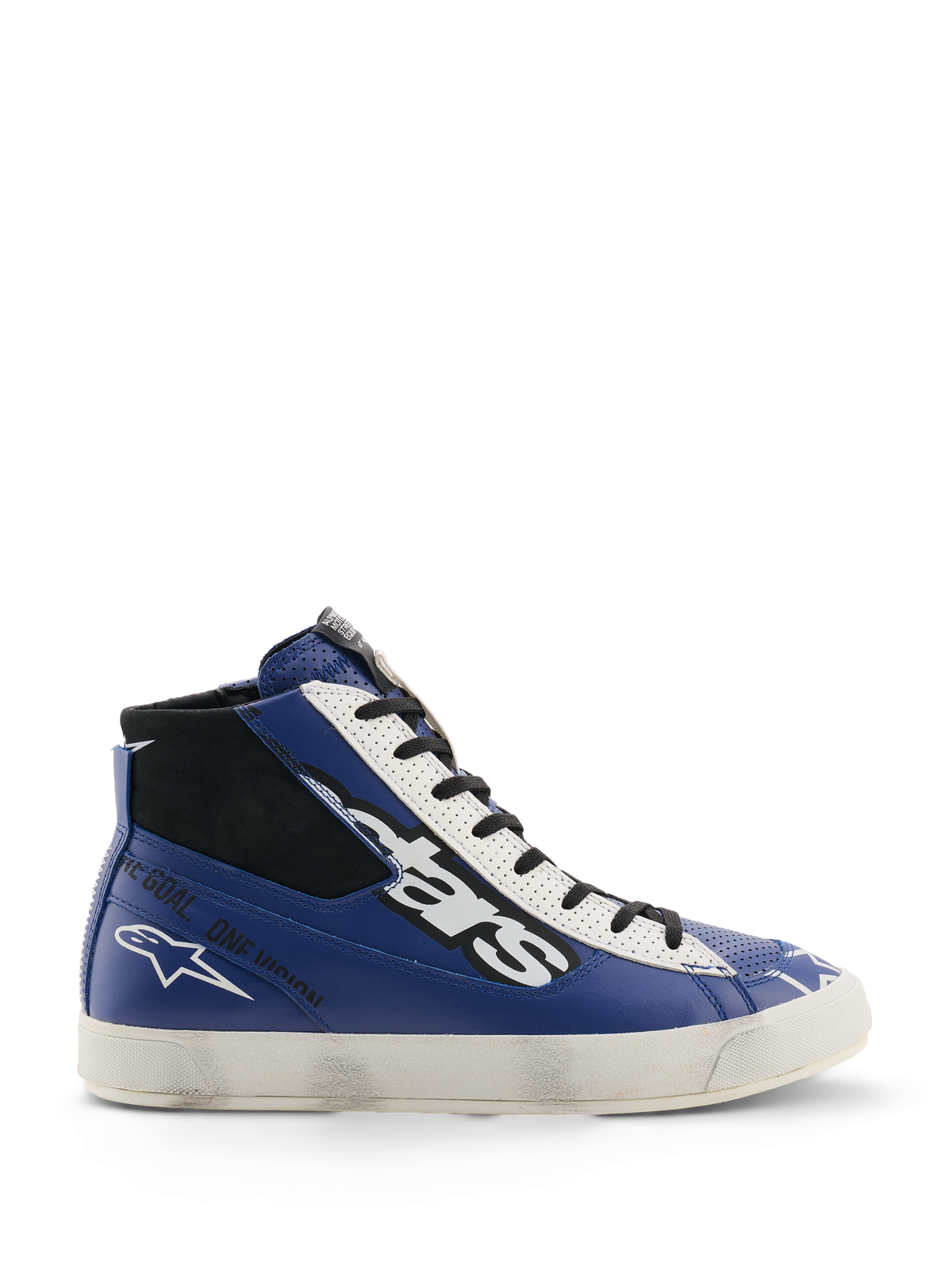Alpinestars Stated Flair Shoes, miejskie buty motocyklowe, jaskrawoniebieskie, białe i czarne, skórzana konstrukcja za kostkę z dużym biało-czarnym logo stars, napis „One Goal. One Vision.” z boku, biała wulkanizowana podeszwa w stylu vintage z ręcznie nakładanym efektem zużycia