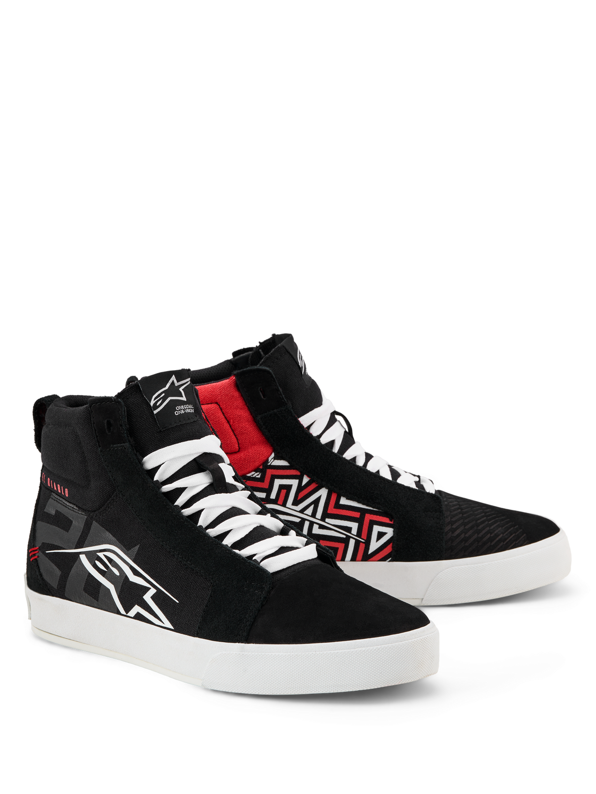 Buty Alpinestars FQ20 Ride-63 Canvas, codzienne buty do jazdy miejskiej, czarno-biało-czerwone, wysoka konstrukcja z płótna z białymi sznurowadłami i podeszwami, z logo Alpinestars i czerwonymi geometrycznymi grafikami, obuwie lifestylowe inspirowane sportami motorowymi
