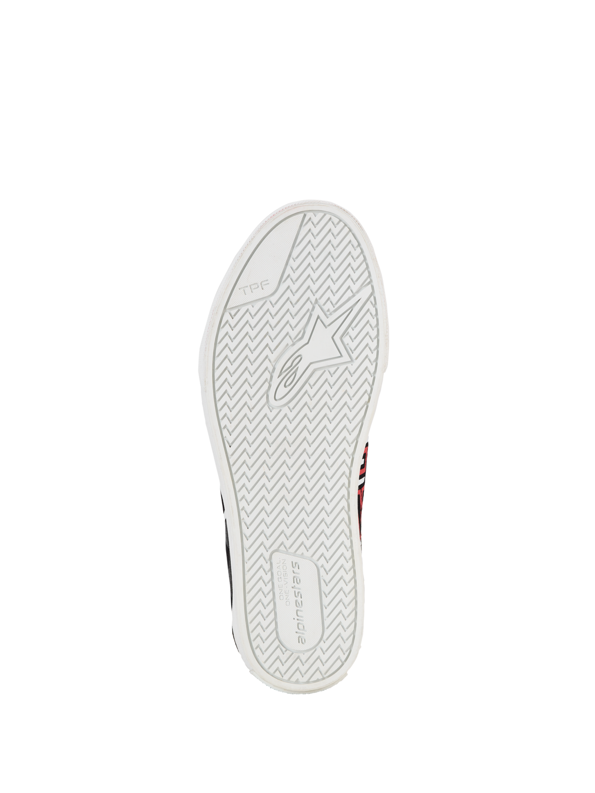 Alpinestars FQ20 Ride-63 Canvas Shoes, miejskie buty motocyklowe, widok podeszwy z białej wulkanizowanej gumy z teksturowanym bieżnikiem w jodełkę, logo Alpinestars i oznaczenie TPF, zaprojektowane z myślą o przyczepności i komforcie na motocyklu i poza nim.