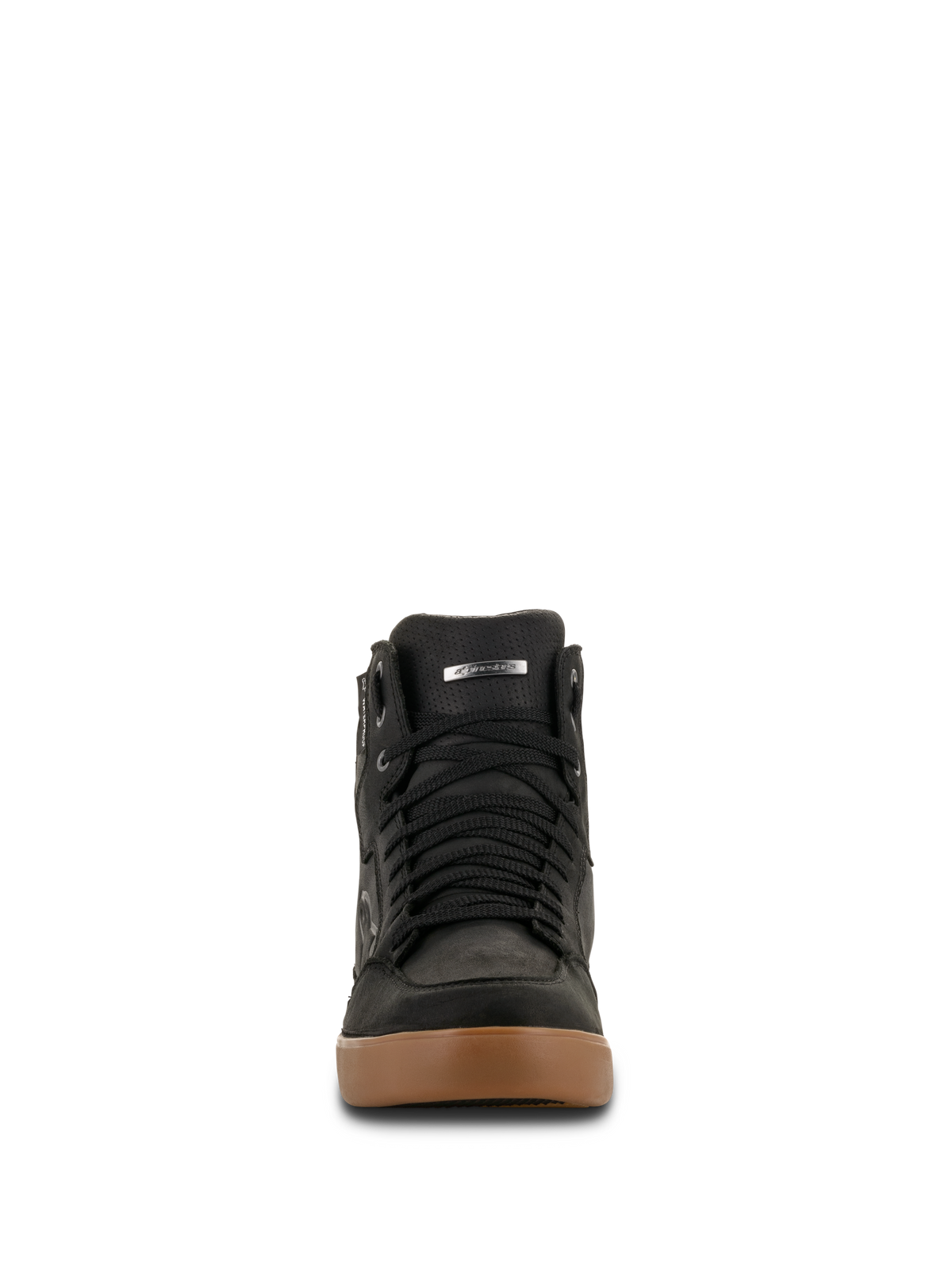 Buty Alpinestars J-6 Waterproof, buty motocyklowe, Black Gum, widok z przodu przedstawiający czarne sznurowadła i brązową gumową podeszwę, design w stylu sneakersów do miejskiej jazdy szosowej
