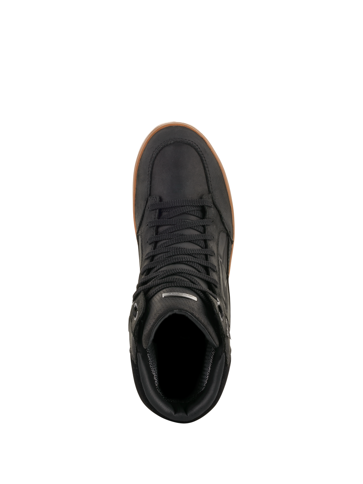 Buty Alpinestars J-6 Waterproof, Black Gum, widok z góry, czarne skórzane buty motocyklowe z gumową podeszwą, miejskie sneakersy z czarnymi sznurowadłami