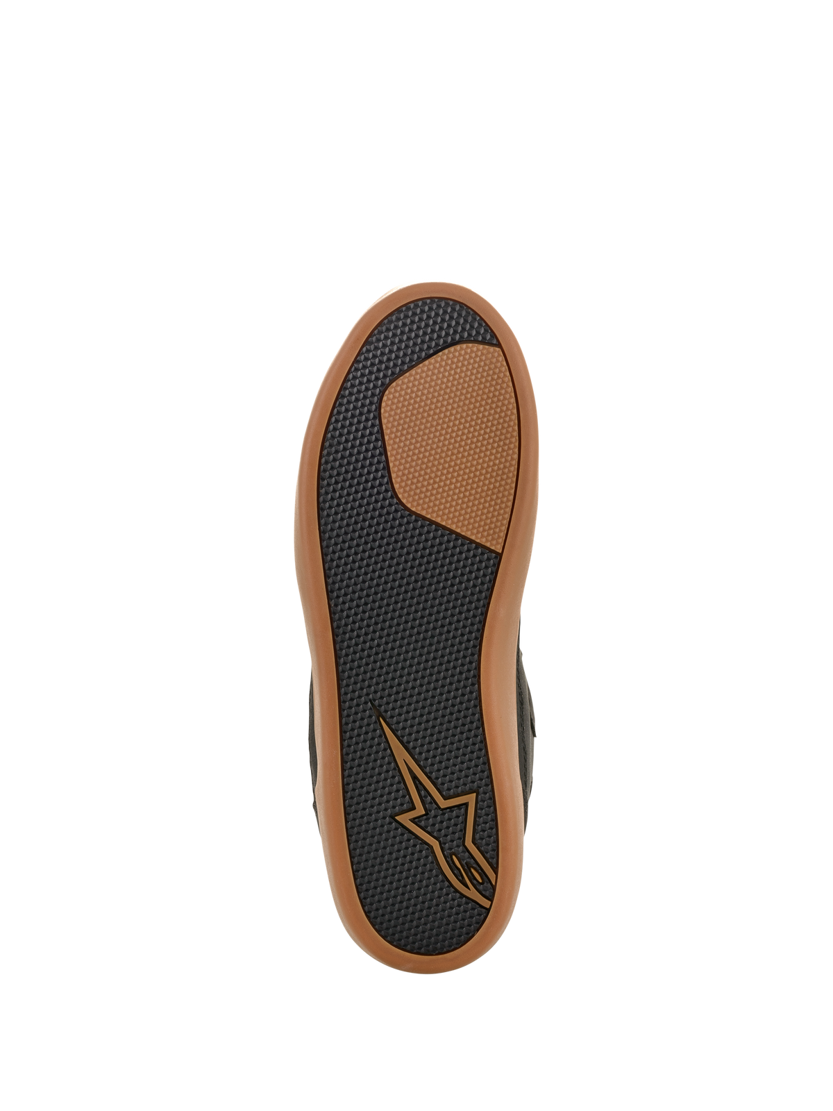 Buty Alpinestars J-6 Waterproof, widok podeszwy, kolor czarny i gumowy, teksturowany gumowy bieżnik zapewniający przyczepność i trwałość, z jasnobrązowym logo Astars i zewnętrzną krawędzią w kolorze gumy, obuwie motocyklowe w stylu sneakersów