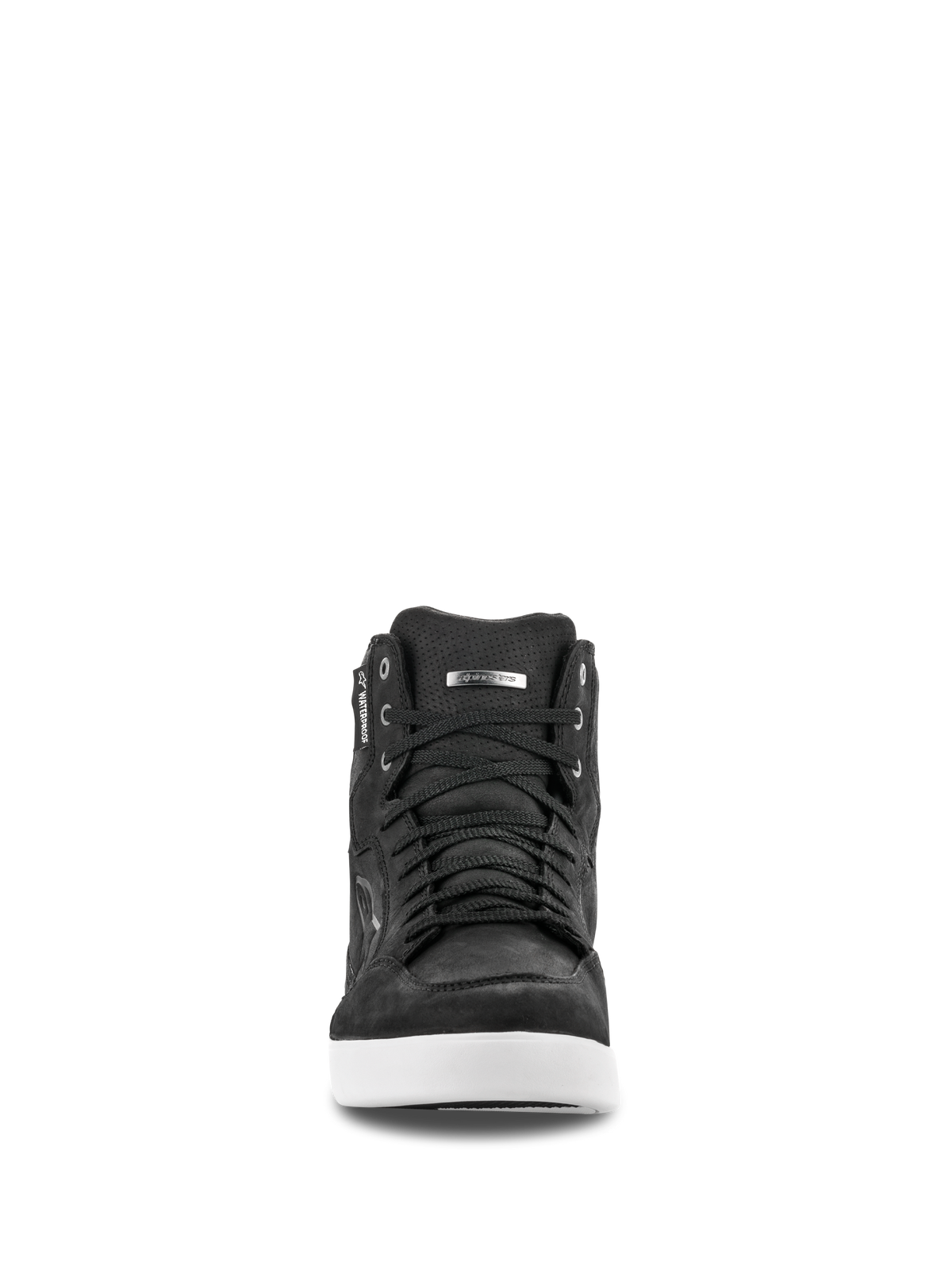 Alpinestars J-6 Waterproof Shoe, widok z przodu, czarne skórzane buty motocyklowe z białą podeszwą, design w stylu sneakersów z czarnymi sznurowadłami, z metką waterproof i srebrnym detalem z logo, miejskie obuwie motocyklowe