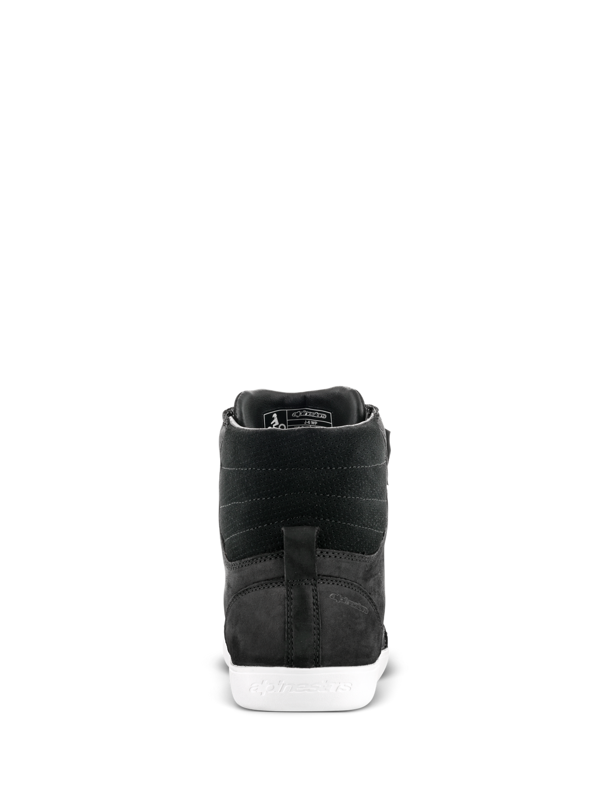 Alpinestars J-6 Waterproof Shoe, buty motocyklowe, czarno-białe, widok z tyłu przedstawiający piętę i teksturowaną skórzaną cholewkę z białą gumową podeszwą
