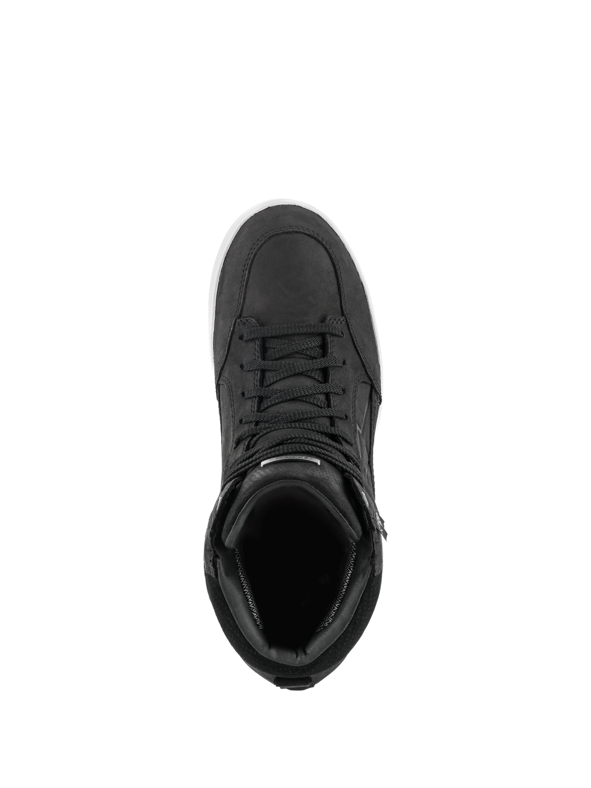 Alpinestars J-6 Waterproof Shoe, czarno-białe, widok z góry na but motocyklowy w stylu sneakersów, konstrukcja z czarnej skóry premium z dopasowanymi sznurowadłami i białym detalem podeszwy, obuwie do miejskiej jazdy szosowej