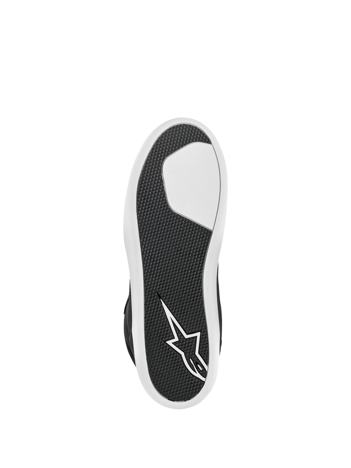Buty Alpinestars J-6 Waterproof, czarno-białe, widok od dołu ukazujący zaawansowaną gumową podeszwę, teksturowany wzór przyczepności dla trwałości, białe logo gwiazdy na pięcie, miejskie obuwie motocyklowe