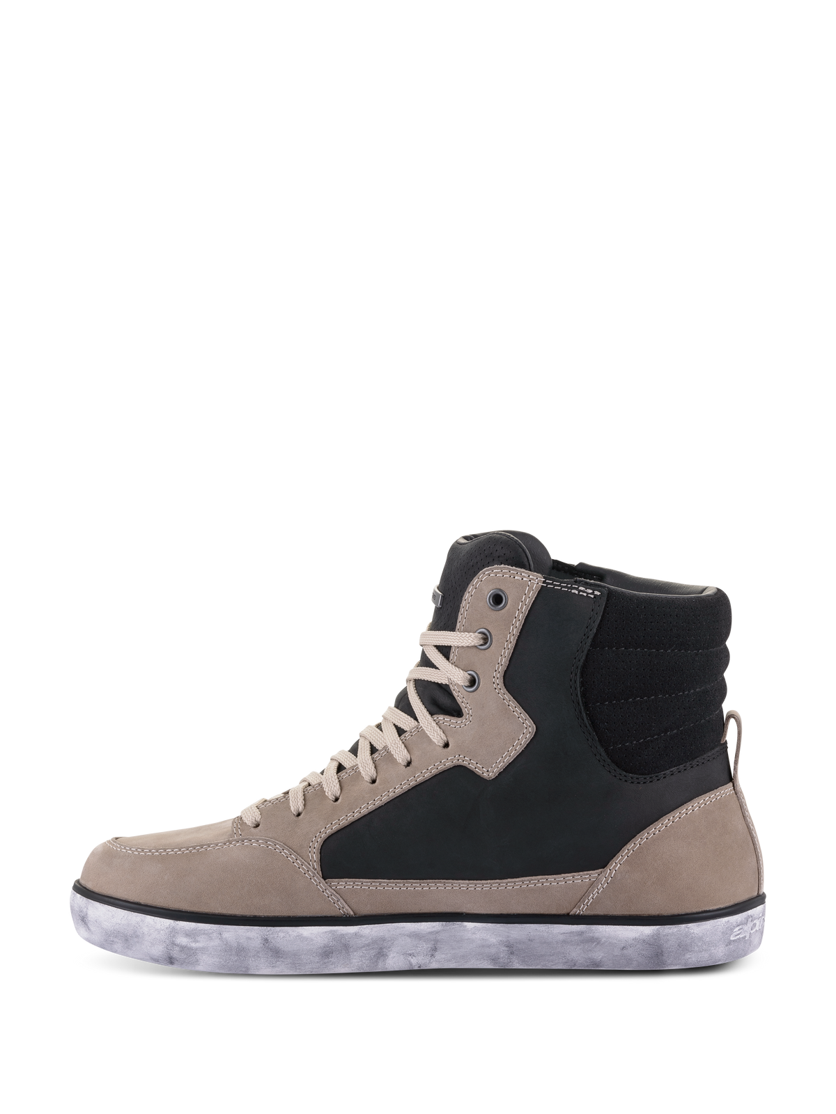 Alpinestars J-6 Waterproof Shoe, Motorcycle Riding Shoe, Black Flint White, high-top sneaker style featuring flint grey and black leather panels, cream laces, and a mottled white rubber sole, casual urban design for motorcycling