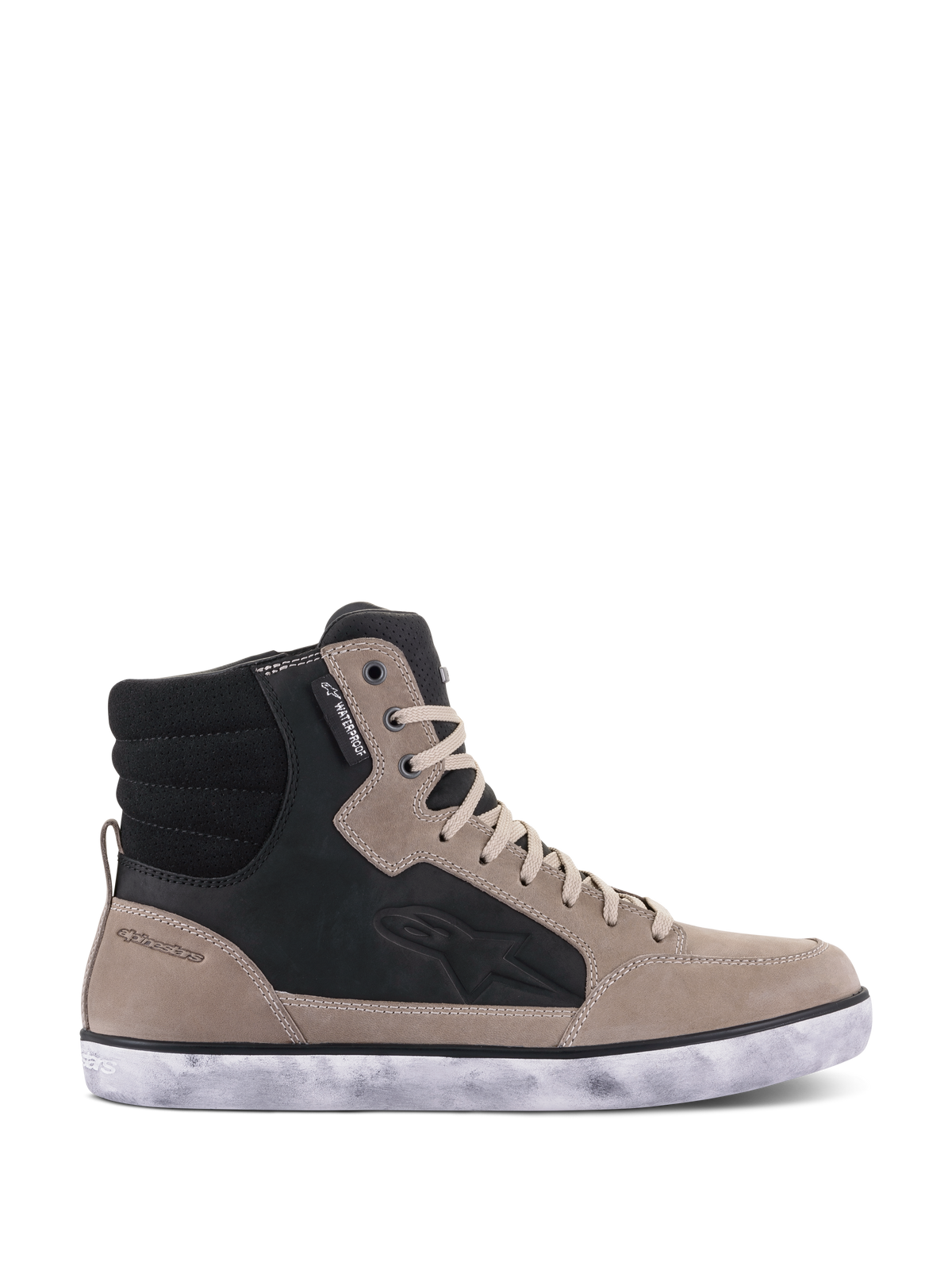 Alpinestars J-6 Waterproof Shoe, Motorcycle Riding Shoe, Black Flint White, sneaker-style high-top design in leather with distressed white rubber sole, featuring side Astar logo and waterproof label