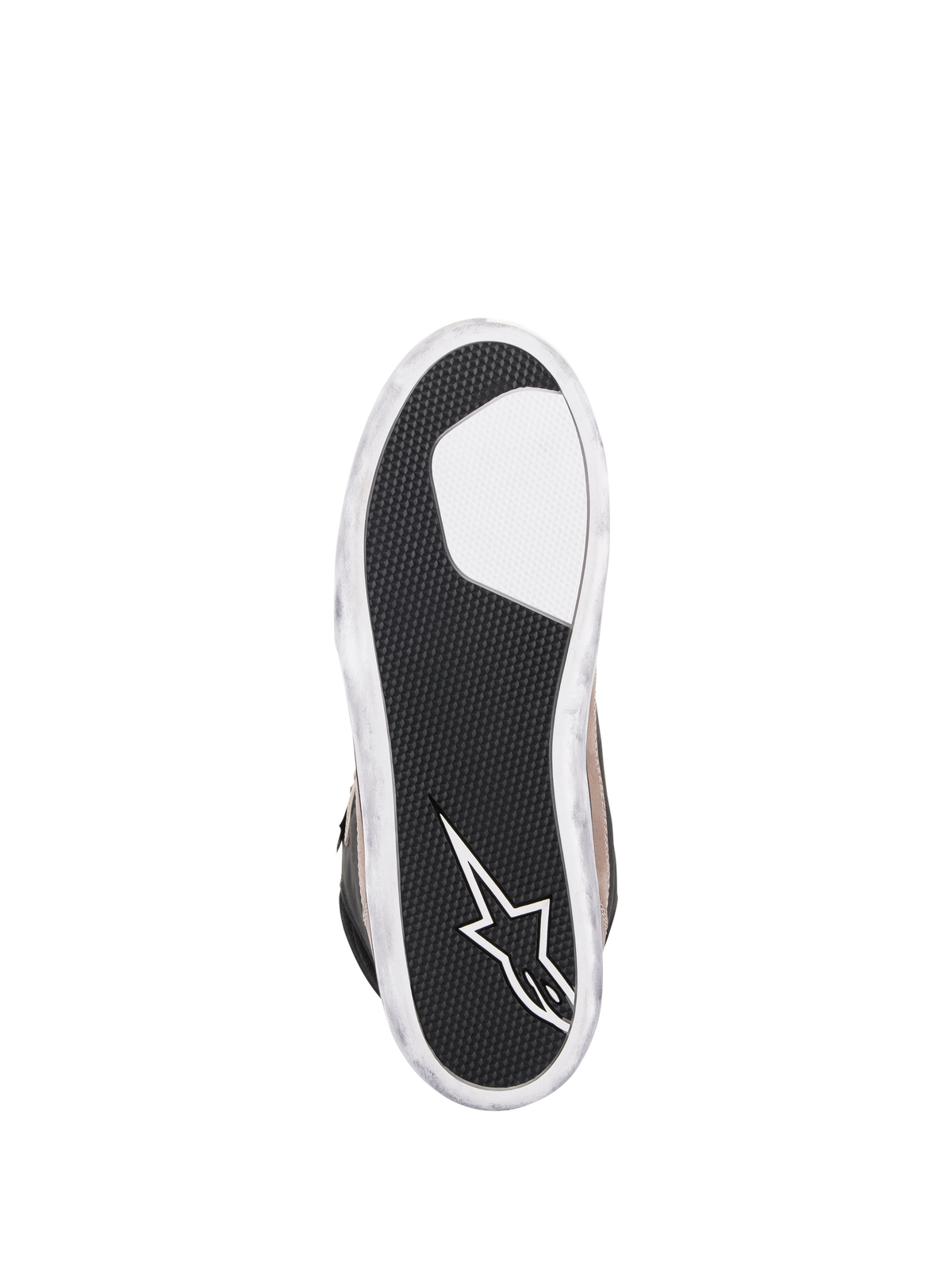 Alpinestars J-6 Waterproof Shoe, Motorcycle Riding Shoe, Black Flint White, bottom view of the outsole featuring textured black rubber for grip, white Alpinestars star logo on the heel, and distressed white edges