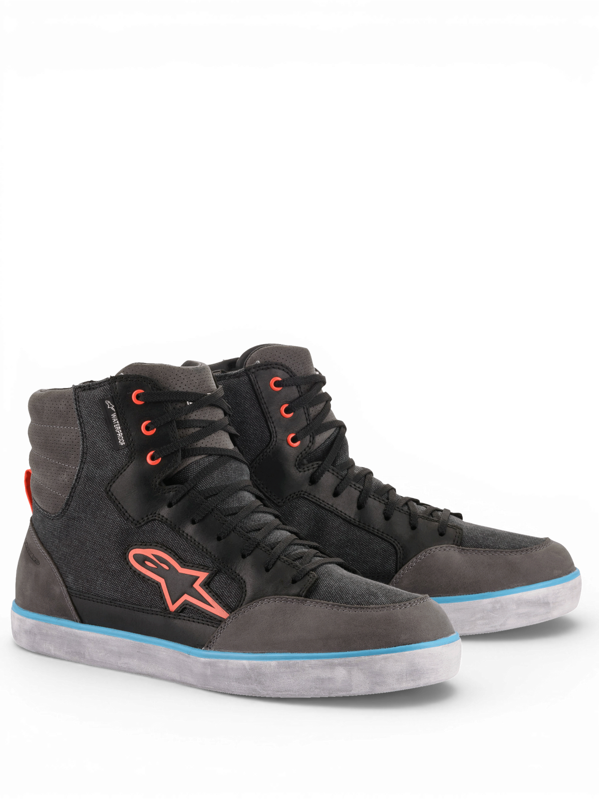 Buty Alpinestars J-6 Waterproof Canvas, męskie buty motocyklowe, szare i czarne, skórzane, wodoodporne, kolorowe akcenty.