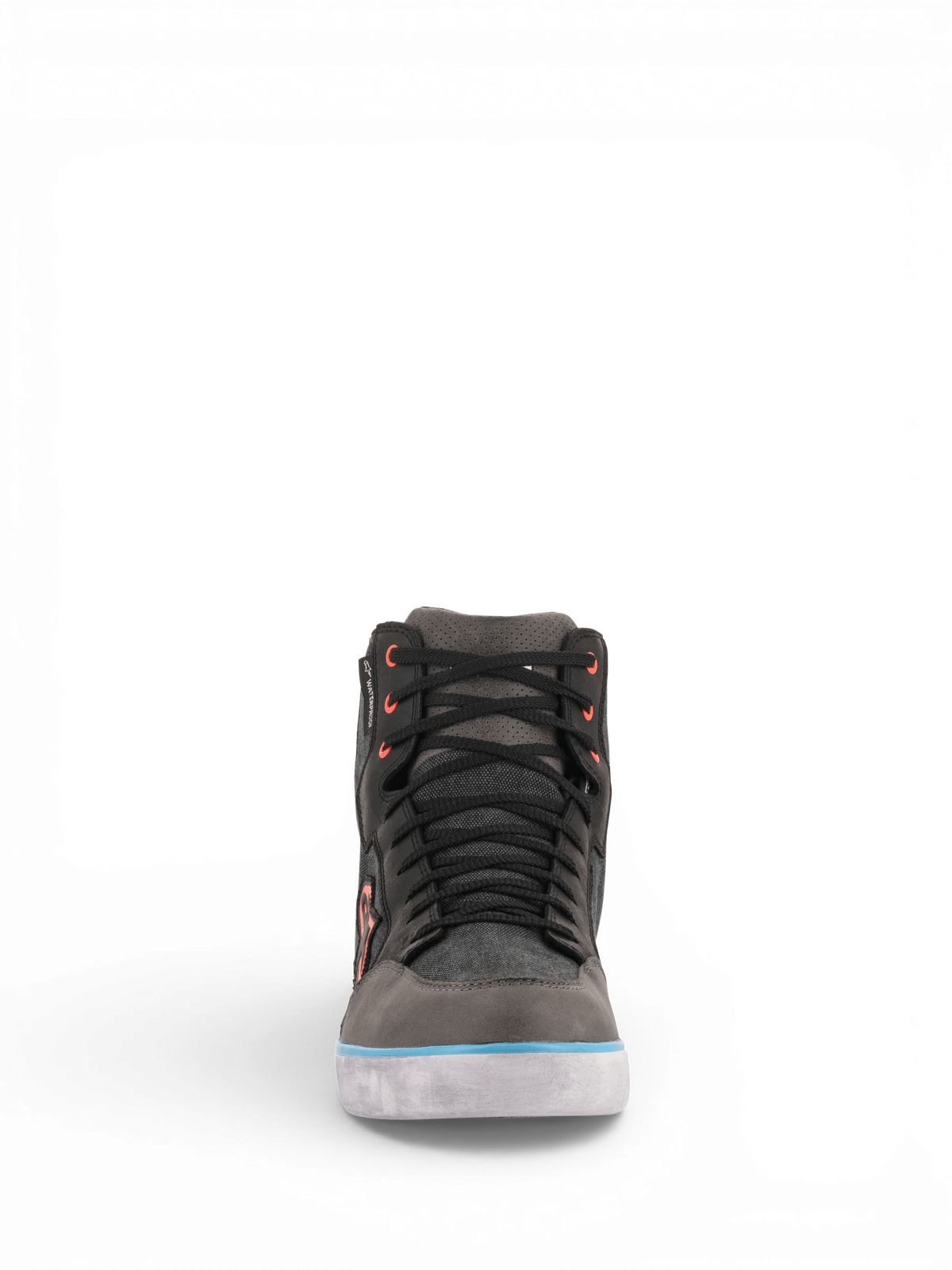 Buty Alpinestars J-6 Waterproof Canvas, miejskie buty motocyklowe typu sneaker, szare i czarne z jasnoniebieskimi detalami, wodoodporne, widok z przodu.
