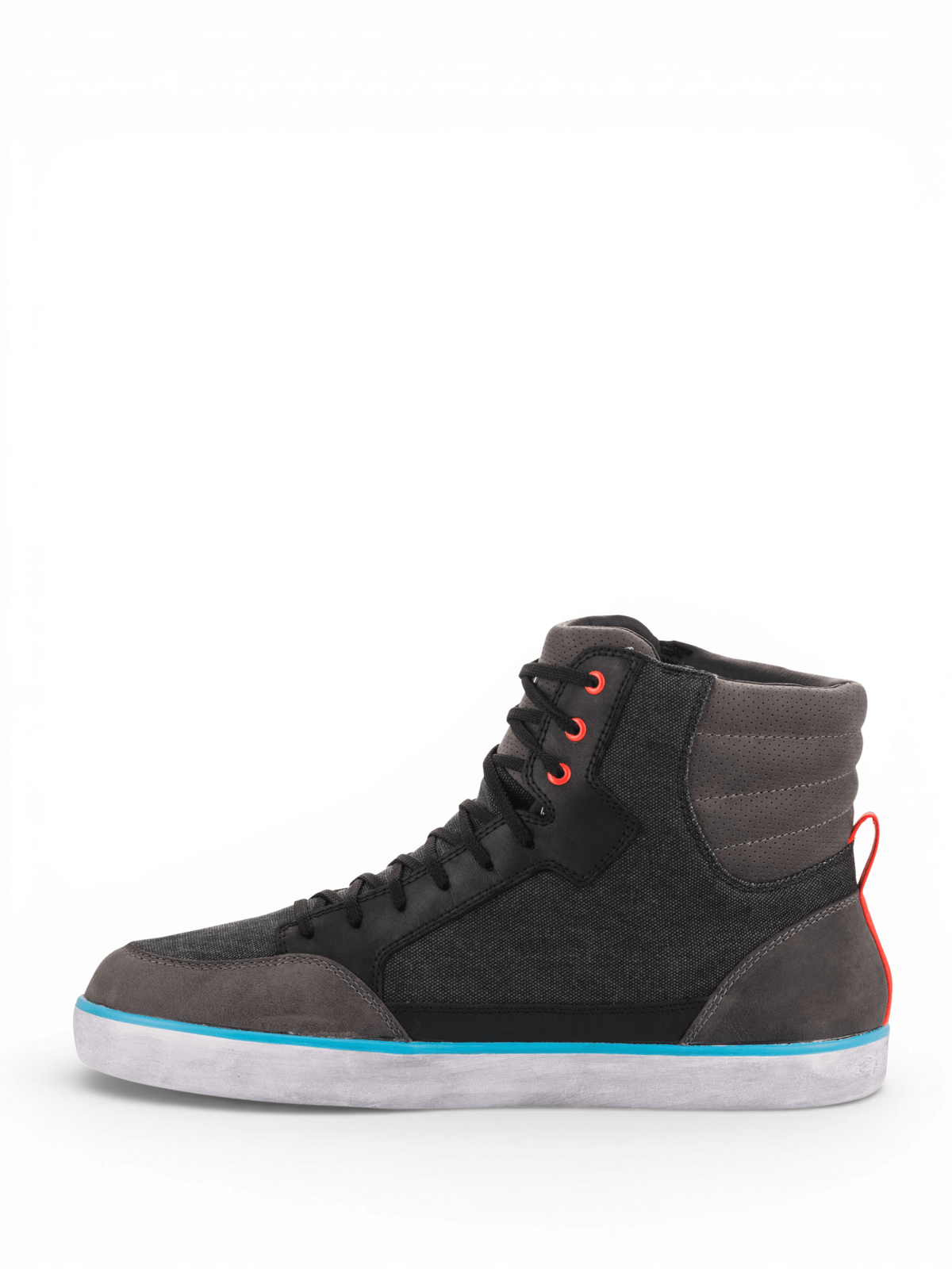 Alpinestars J-6 Waterproof Canvas, miejskie buty motocyklowe, szare i czarne z jasnoniebieskim paskiem i pomarańczowymi detalami, wodoodporne, certyfikowane CE