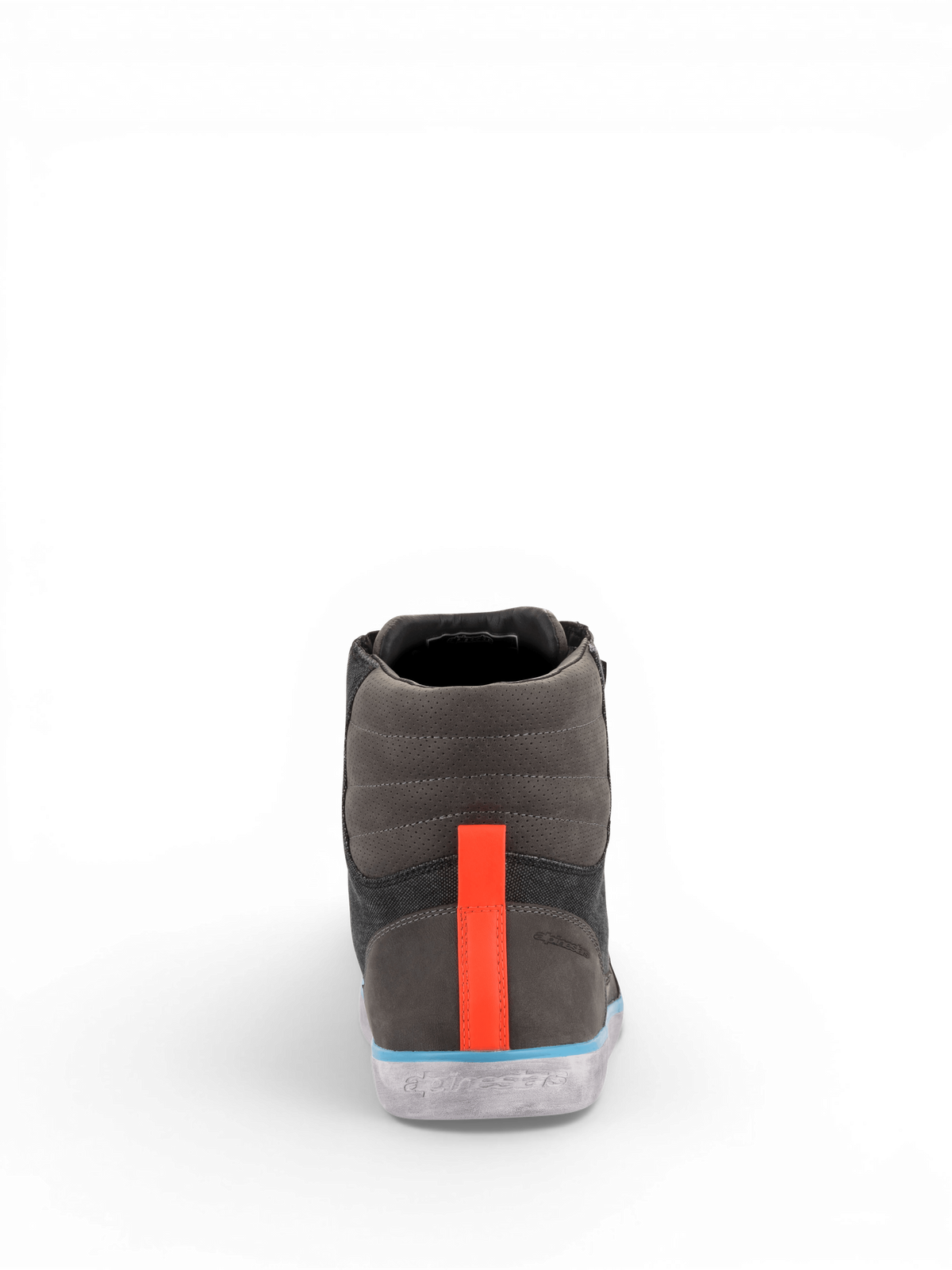 Buty motocyklowe Alpinestars J-6 Waterproof Canvas, szare i antracytowe, pomarańczowy pasek na pięcie i niebieskie akcenty.