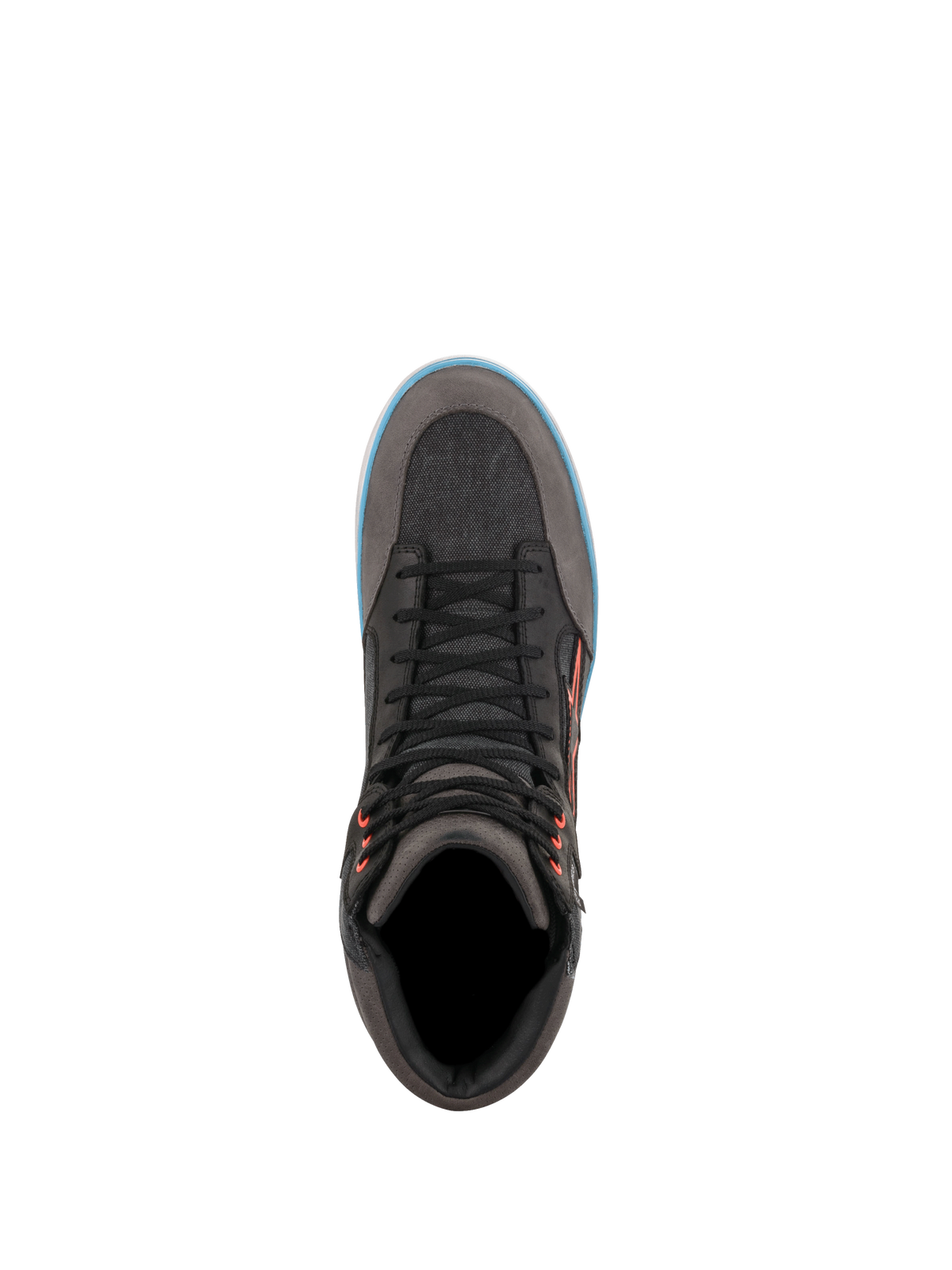 Alpinestars J-6 Waterproof Canvas, buty motocyklowe miejskie, szare i czarne z niebieskim wykończeniem, wodoodporna membrana, widok z góry na konstrukcję i sznurowadła.