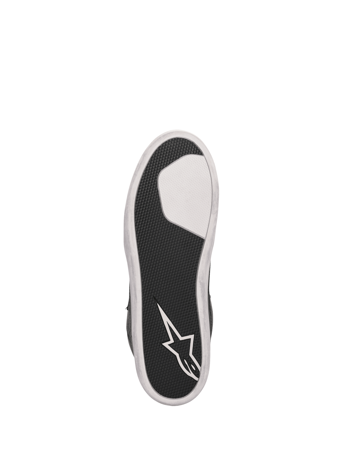 Alpinestars J-6 Waterproof Canvas, podeszwa butów motocyklowych, czarna i biała wulkanizowana guma z logo gwiazdy i teksturą zapewniającą przyczepność.