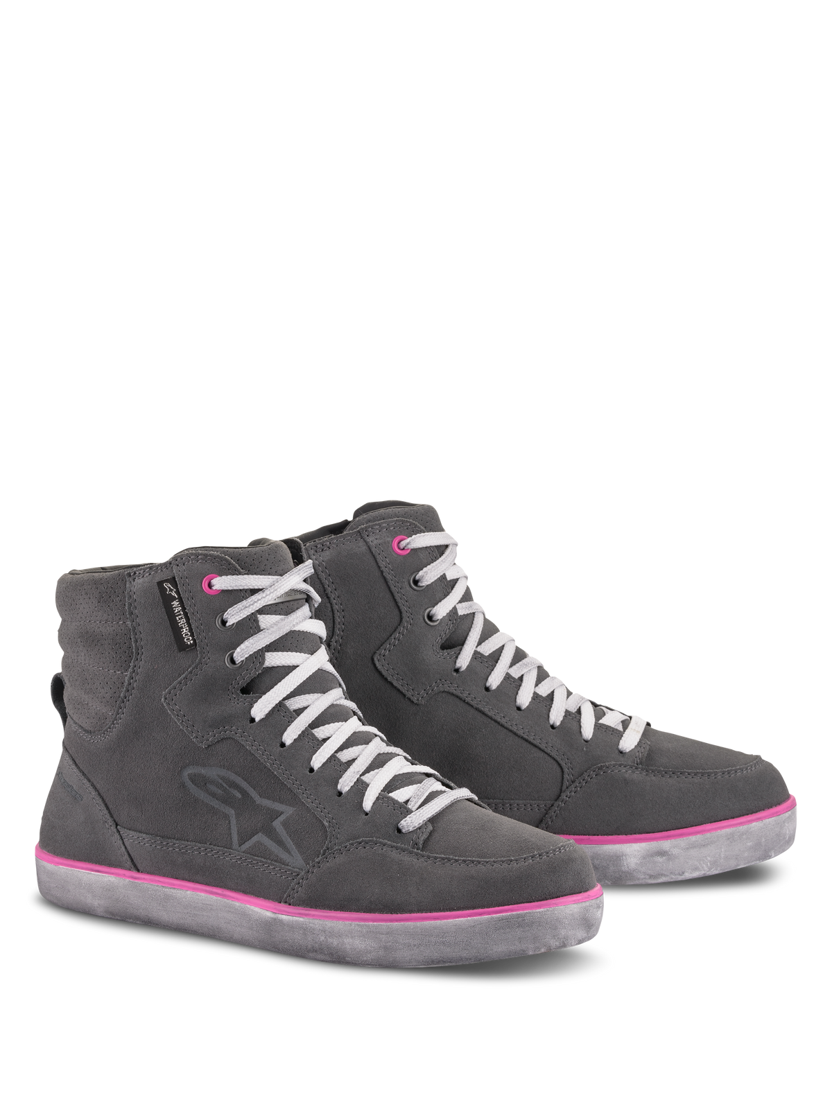 Alpinestars Women's J-6 Waterproof Shoes, Riding Shoes, Light Gray with Fuchsia accents, high-top sneaker-style design, suede and leather upper, white laces, pink trim on sole and eyelets, urban motorcycle gear