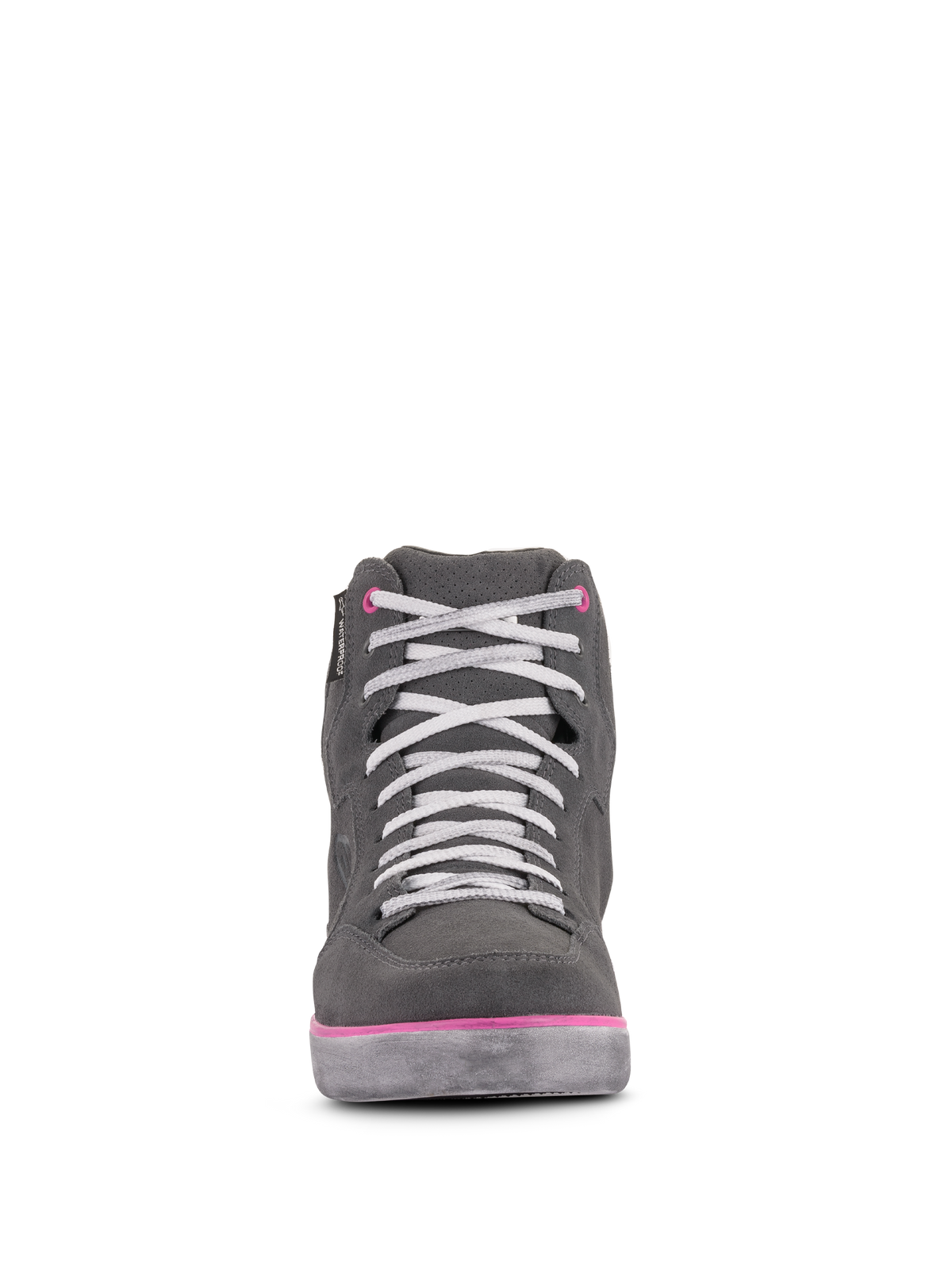Alpinestars Women's J-6 Waterproof Shoes, Motorcycle Riding Shoes, Light Gray and Fuchsia, front view of sneaker-style high-top with white laces and pink accents, waterproof leather and suede construction