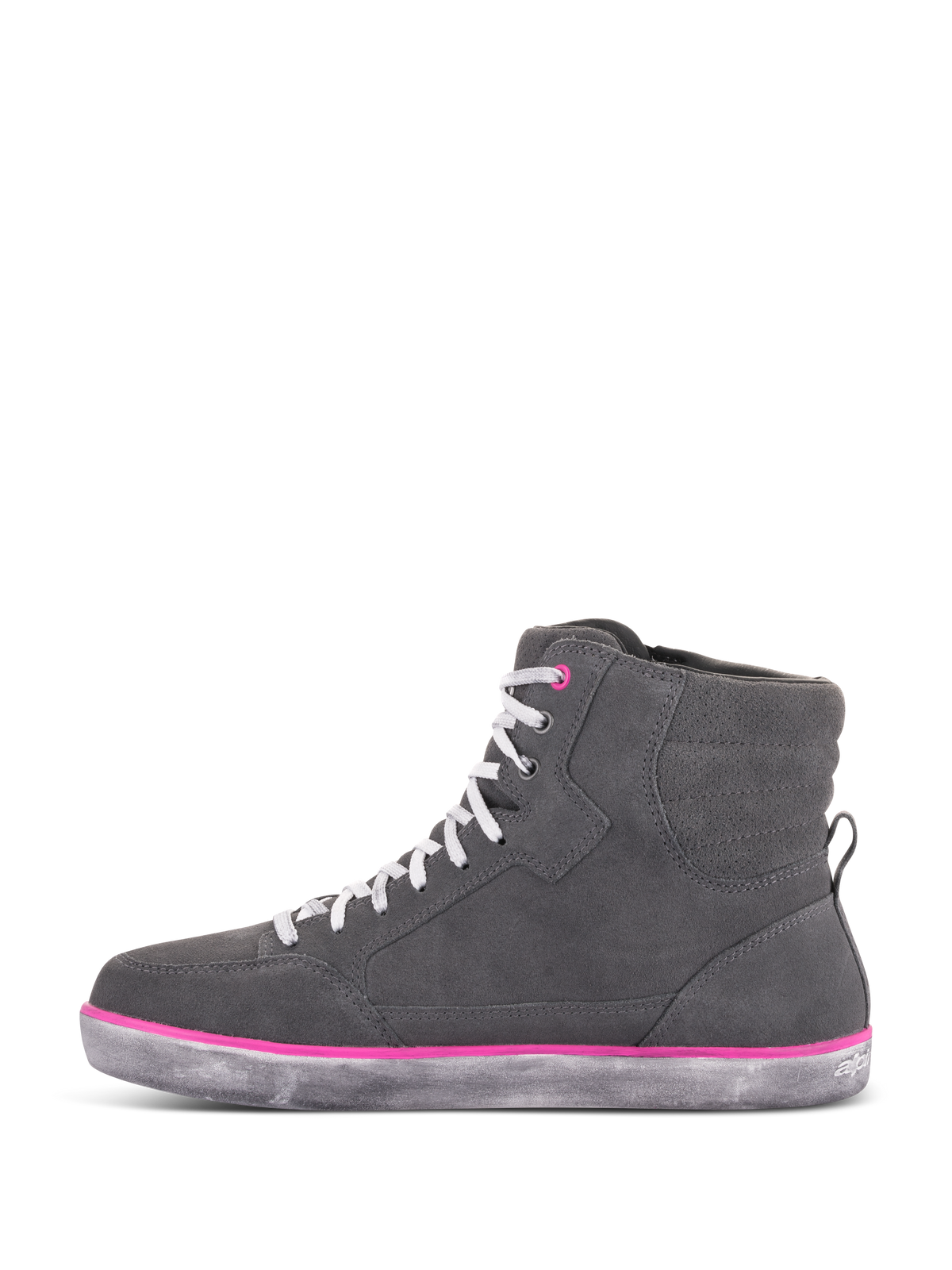 Alpinestars Women's J-6 Waterproof Shoes, Riding Shoes, Light Gray and Fuchsia, high-top sneaker design with gray suede upper, white laces, fuchsia accents, and a distressed gray rubber sole