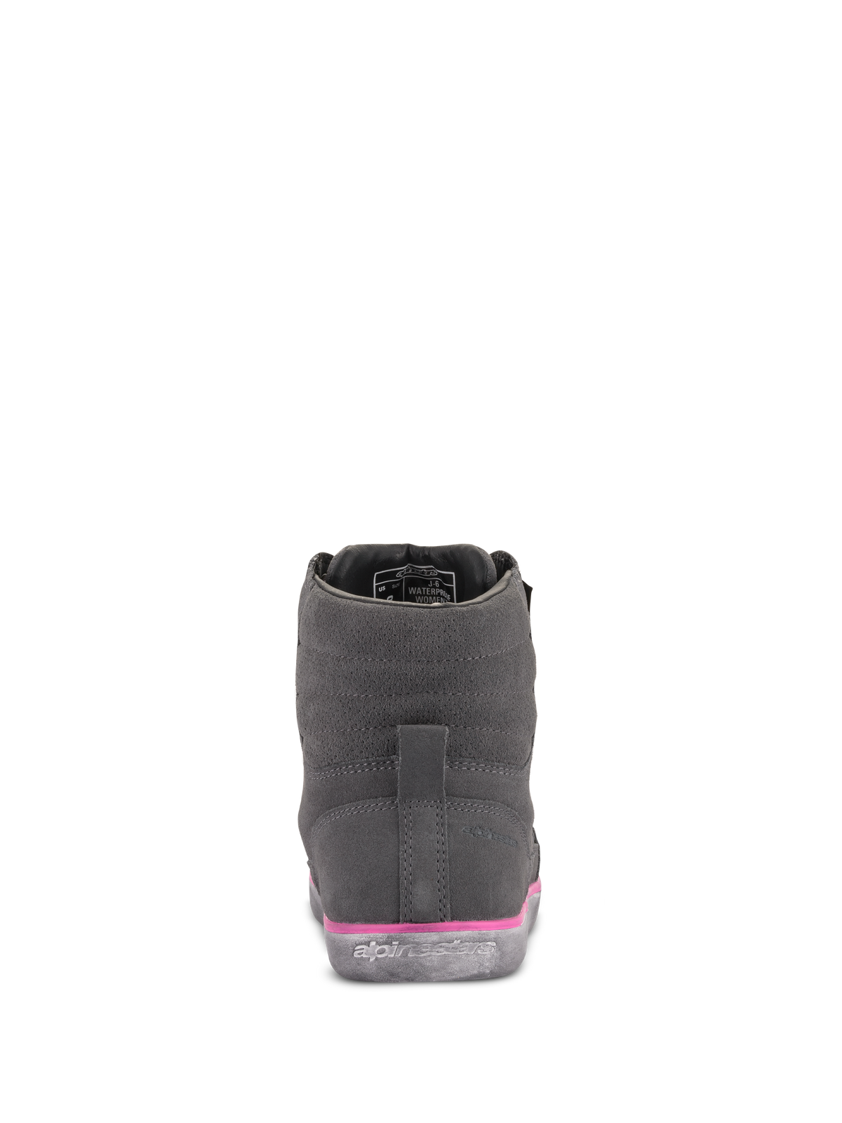 Alpinestars Women's J-6 Waterproof Riding Shoe, Gray and Fuchsia, rear view, suede upper with pink midsole detail and embossed logo on the rubber sole, urban motorcycle footwear