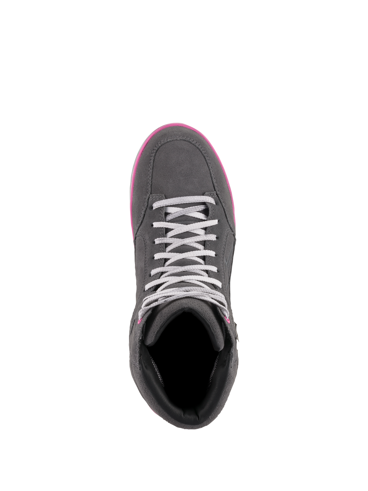 Alpinestars Women's J-6 Waterproof Shoes, Riding Shoes, Gray and Fuchsia, top-down view showing suede and leather construction, light gray laces, and bright pink sole trim.