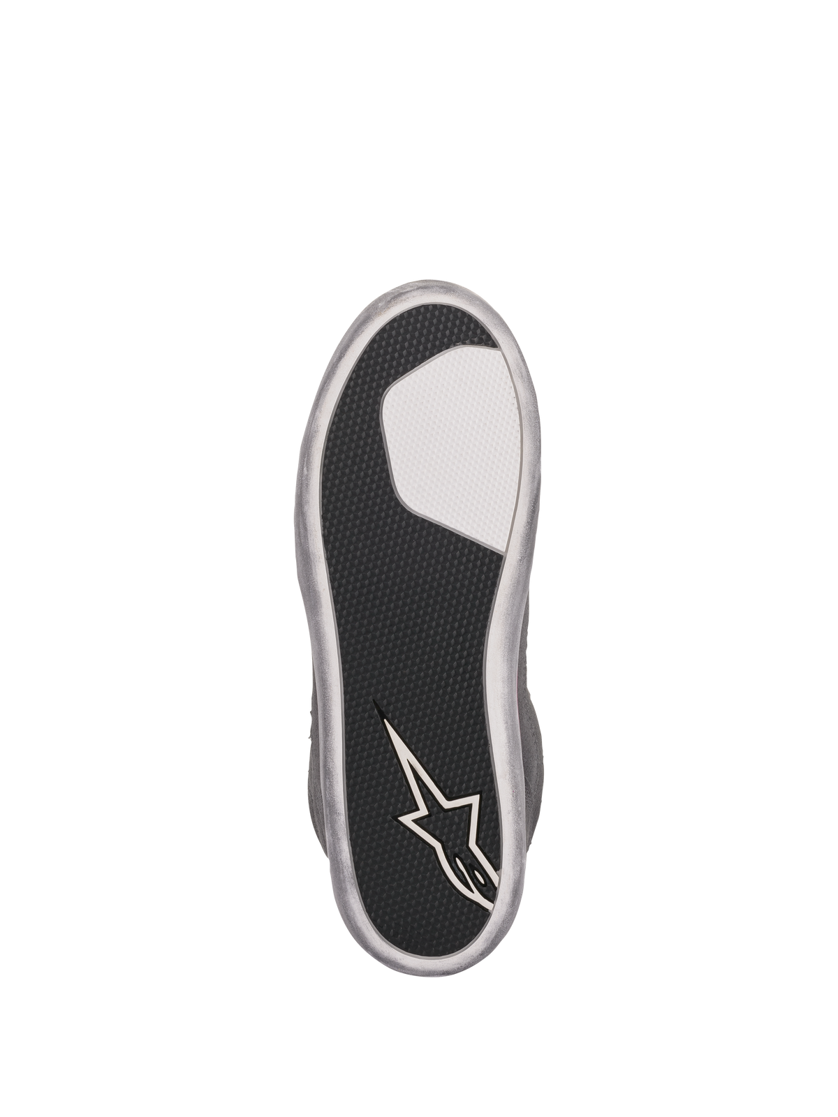 Alpinestars Women's J-6 Waterproof Shoes, Outsole View, Black textured rubber sole with white insert and Alpinestars star logo on the heel, silver-gray perimeter, durable grip design