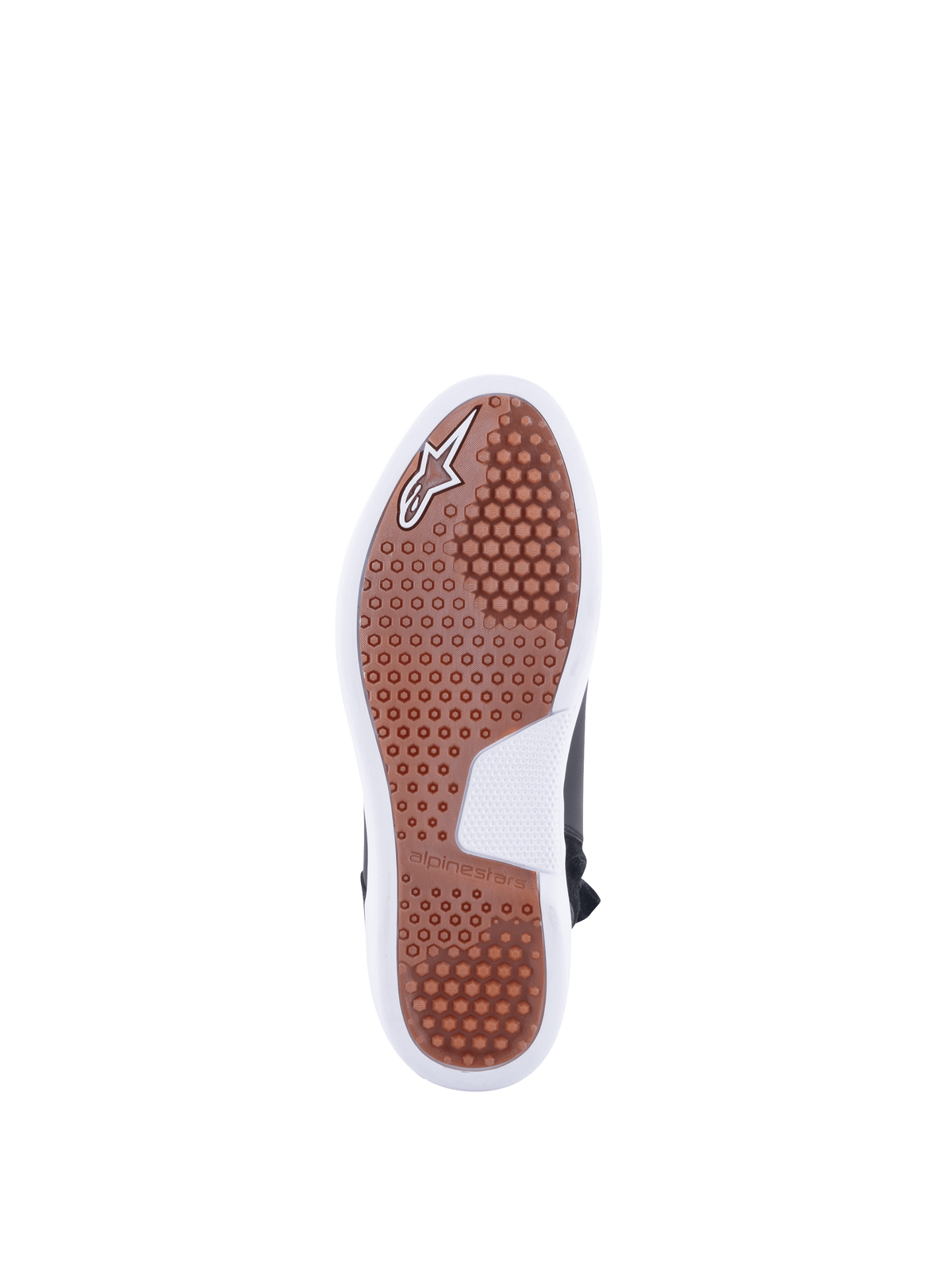 Buty Alpinestars Chrome Drystar®, damskie buty motocyklowe miejskie, brązowa gumowa podeszwa z heksagonalnym bieżnikiem.