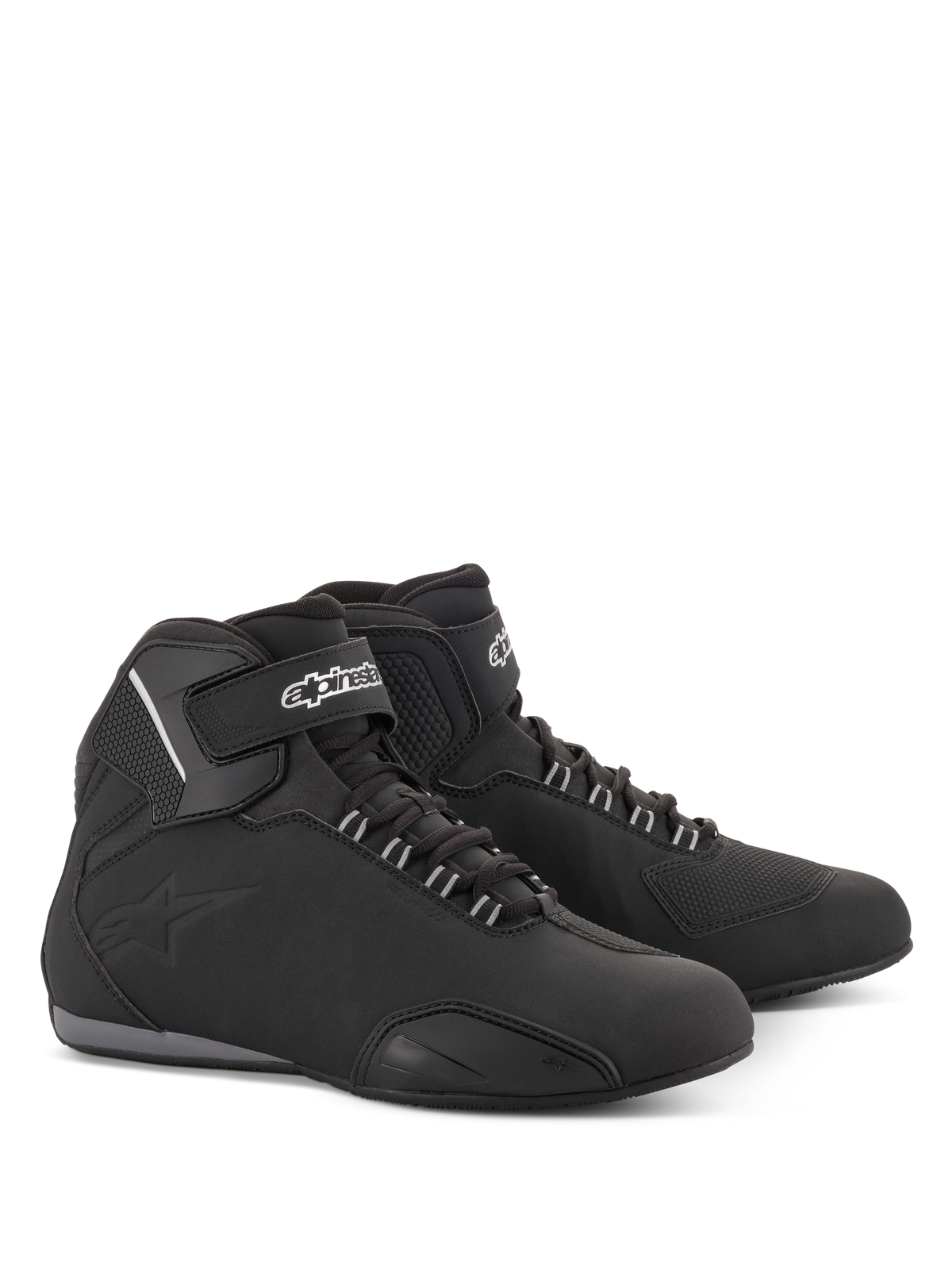 Alpinestars Sektor Waterproof Shoes, Motorcycle Riding Shoes, Black, mid-top silhouette with laces and Velcro ankle strap, white Alpinestars logo, lightweight microfiber chassis with reinforced panels and rubber sole