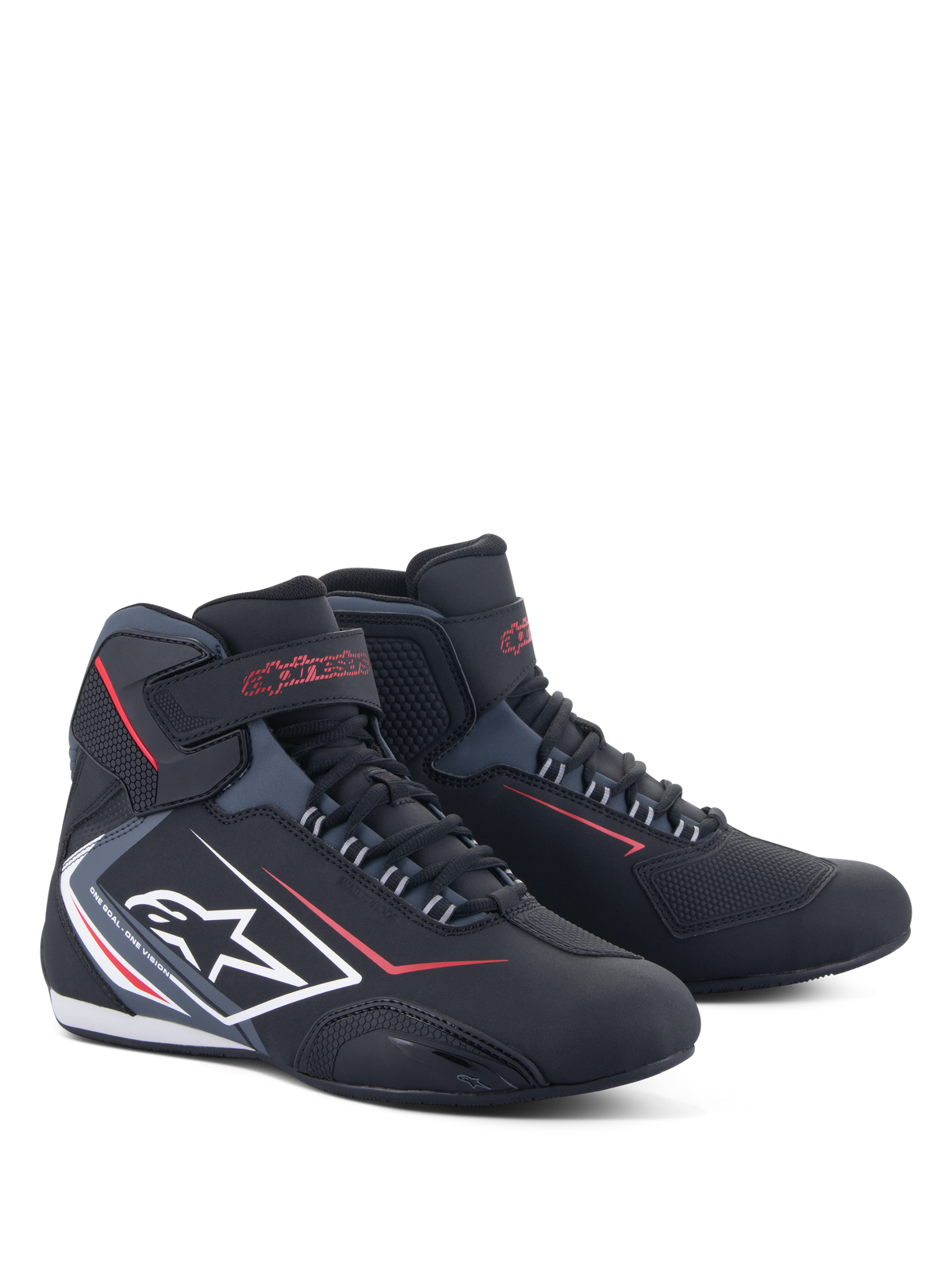 Buty Alpinestars Sektor Waterproof, buty motocyklowe, czarne z czerwonymi i białymi akcentami, białe logo gwiazdy z boku, pasek na rzep przy kostce i system sznurowania, smukły sportowy design do jazdy szosowej
