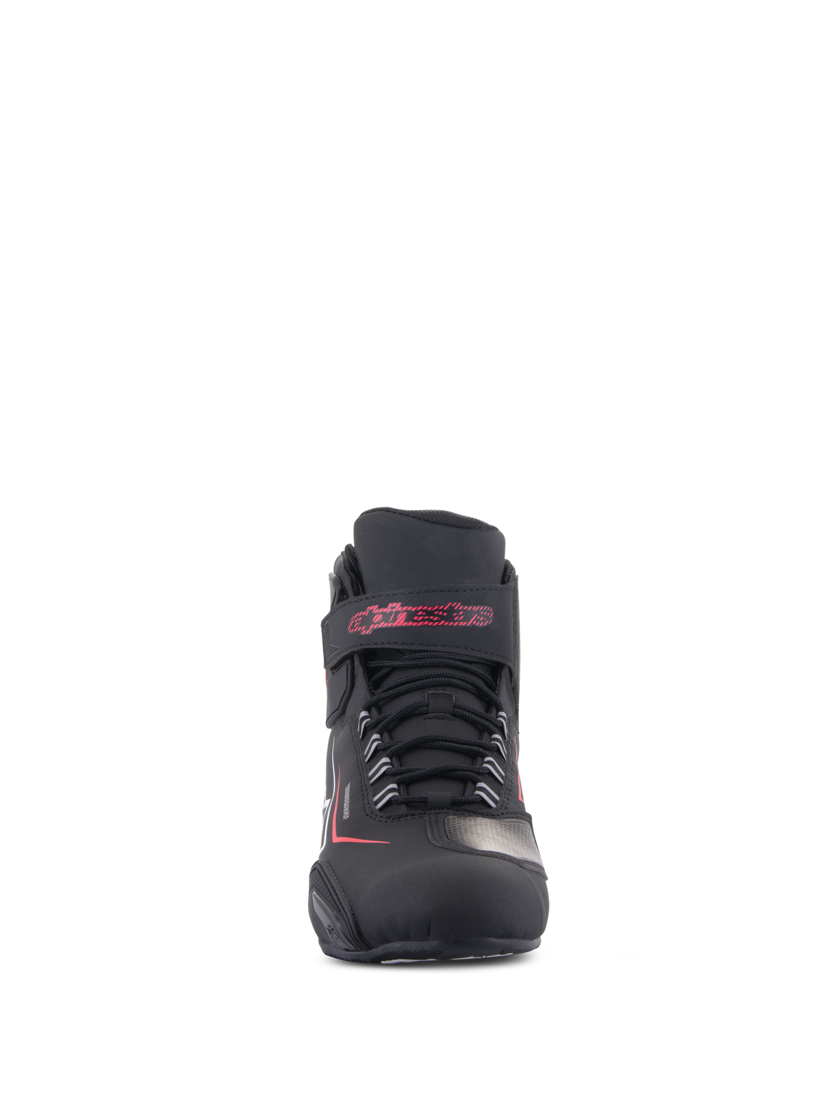 Alpinestars Sektor Waterproof Shoes, buty motocyklowe, czarne z białymi i czerwonymi akcentami, widok z przodu z systemem sznurowania i paskiem na rzep na kostce z czerwonym napisem Alpinestars, wytrzymałe wykończenie z mikrowłókna