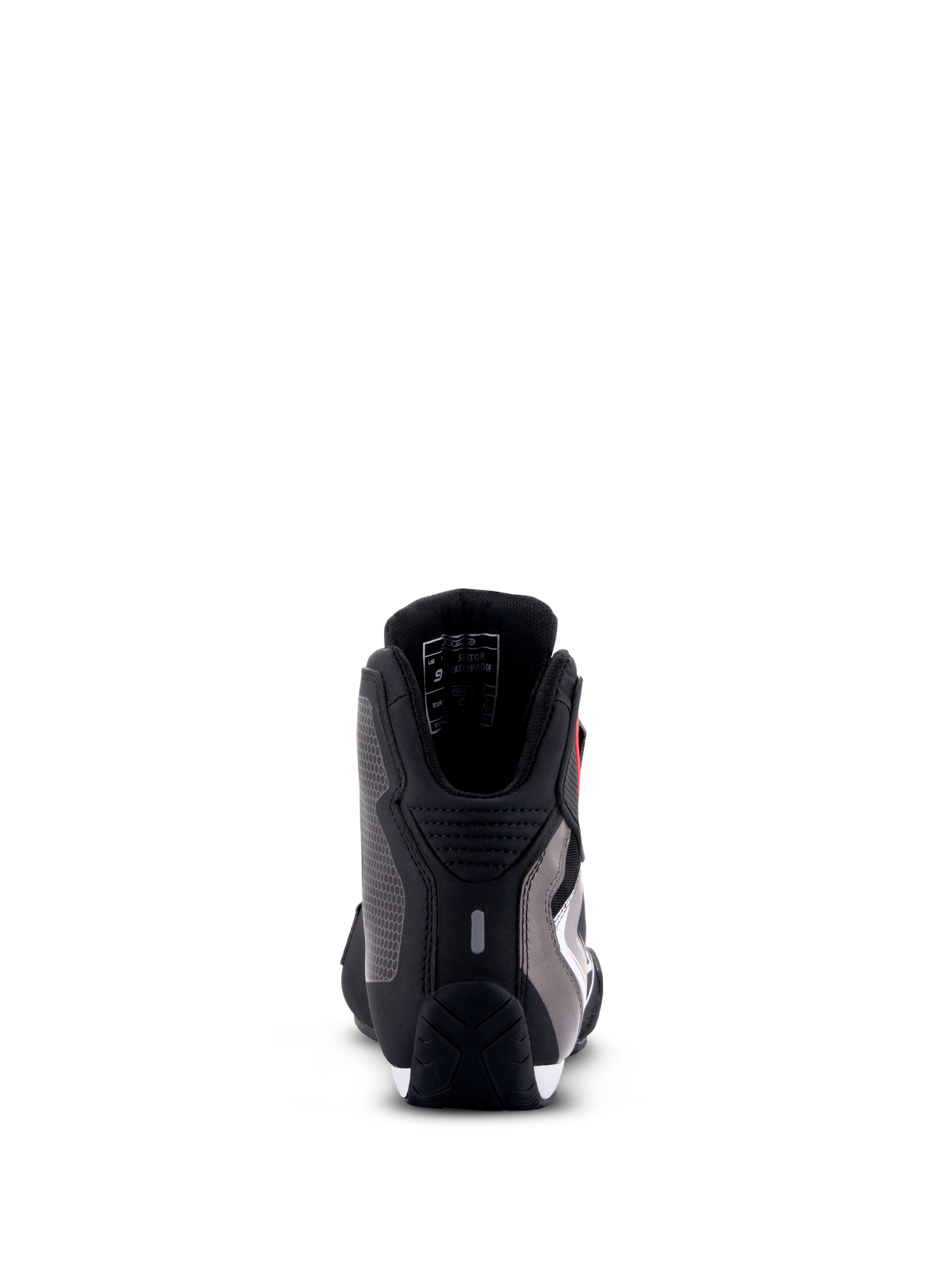 Alpinestars Sektor Waterproof Shoes, buty motocyklowe, czarno-biało-szare, widok z tyłu pokazujący ochronę pięty, mikrowłóknisty szkielet i wytrzymałą gumową podeszwę.