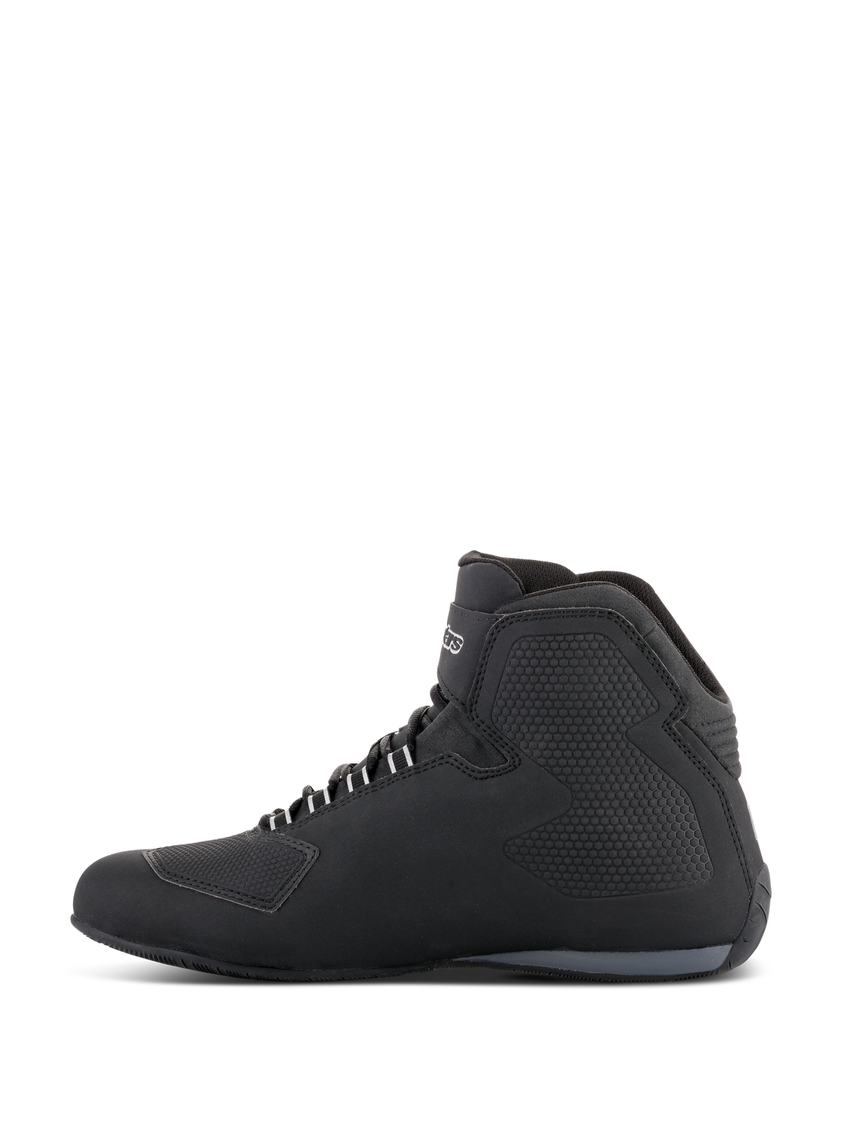 Alpinestars Sektor Waterproof Shoes, Motorcycle Riding Shoes, Black, side profile view showing a high-top design with microfiber upper, textured side panels, white lace eyelets, and brand logo on the ankle.