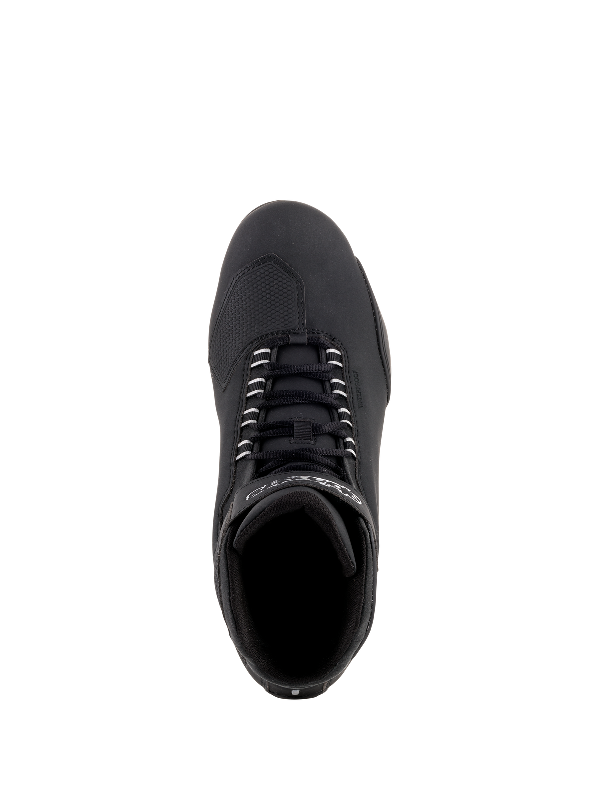 Alpinestars Sektor Waterproof Shoes, Black Motorcycle Riding Shoes, Top-down view showing black laces and reinforced toe-box, sleek microfiber construction for road performance