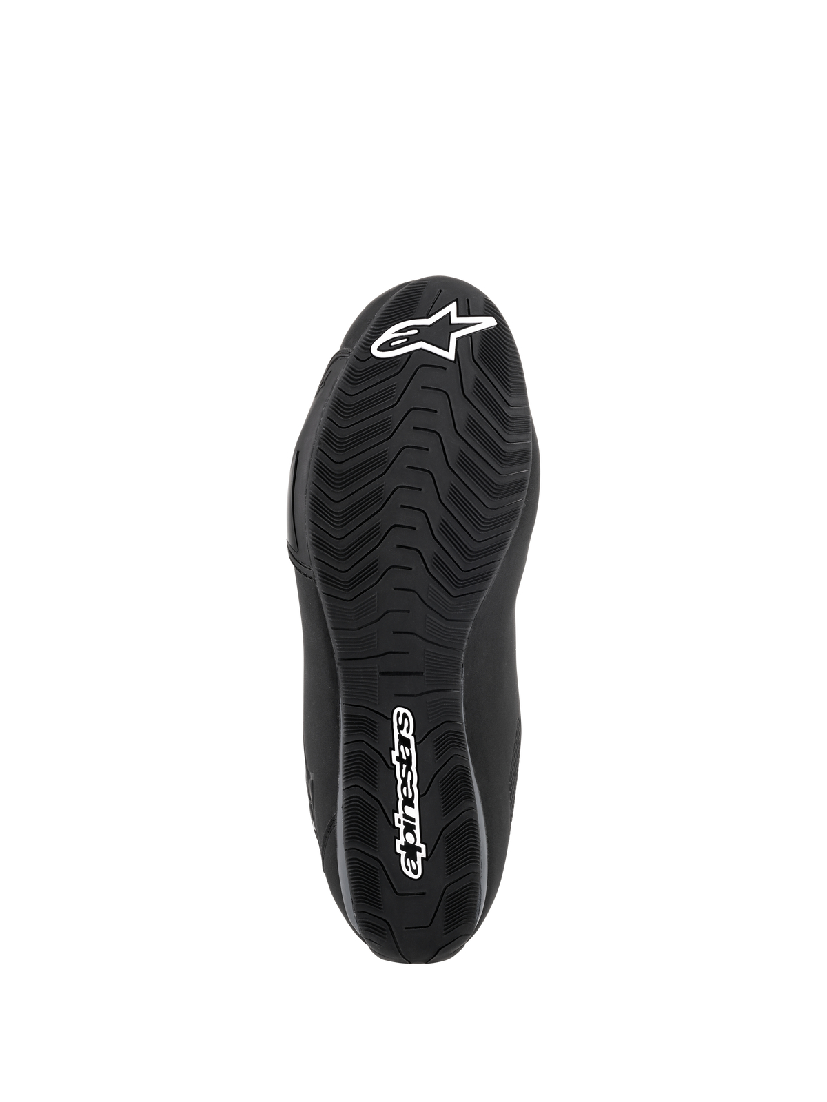Alpinestars Sektor Waterproof Shoes, Black, Underside view of the rubber compound sole, featuring a specialized tread pattern for water run-off and grip, with white star logo and Alpinestars wordmark branding.