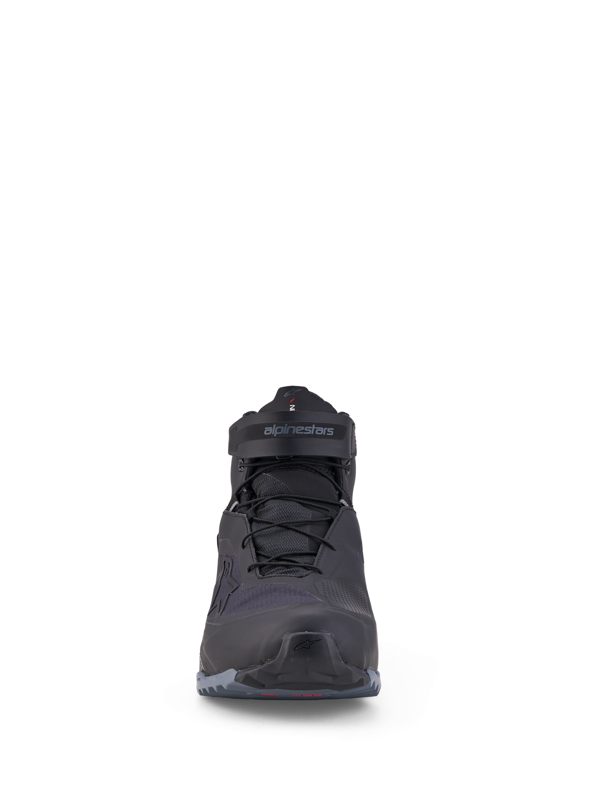 Alpinestars Cr X Gore Tex Buty, wodoodporne buty motocyklowe, czarne i ciemnoszare, membrana GORE-TEX, widok z przodu pokazujący system sznurowania i zapięcie na pasek