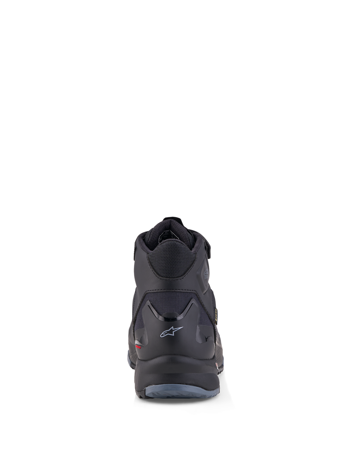 Alpinestars CR-X GORE-TEX, wodoodporne buty motocyklowe, widok z tyłu w kolorze czarnym i ciemnoszarym, z membraną GORE-TEX i ochronną strukturą pięty