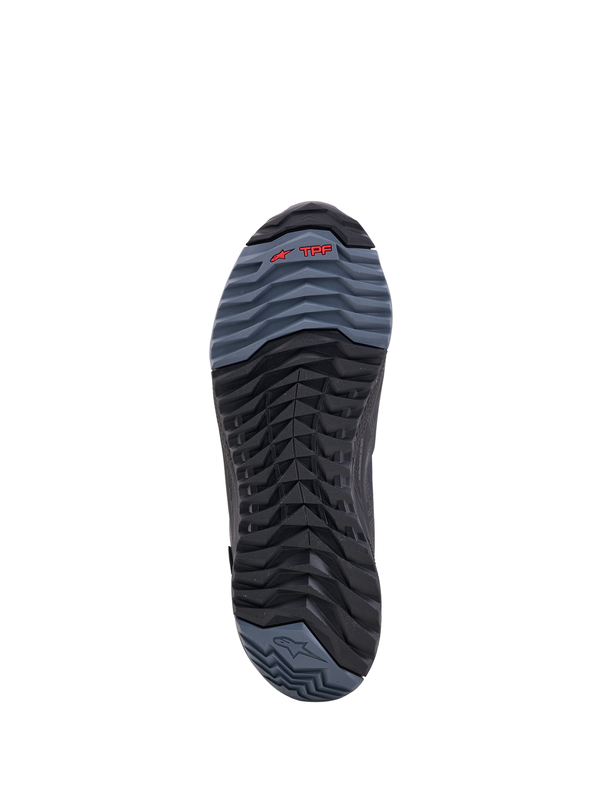 Alpinestars Cr X Gore Tex Buty, buty motocyklowe, zbliżenie na podeszwę z ramą ochronną TPF i bieżnikiem, czarne i ciemnoszare z czerwonym akcentem logo