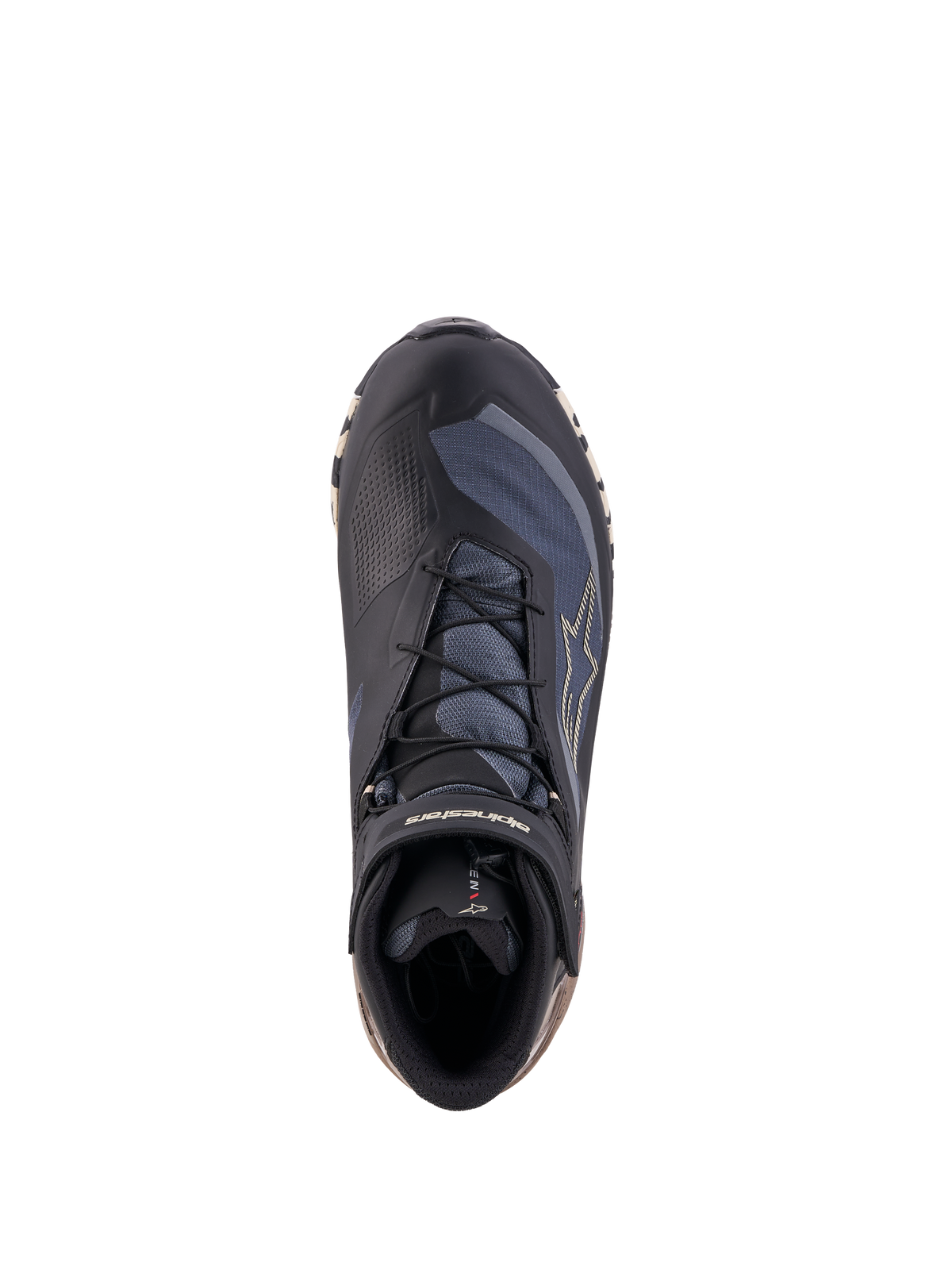 Alpinestars Cr-X Gore-Tex Shoes, motorcycle riding shoes, Black Dark Gray and Beige, waterproof GORE-TEX membrane, top-down view showing lacing and shift pad zone