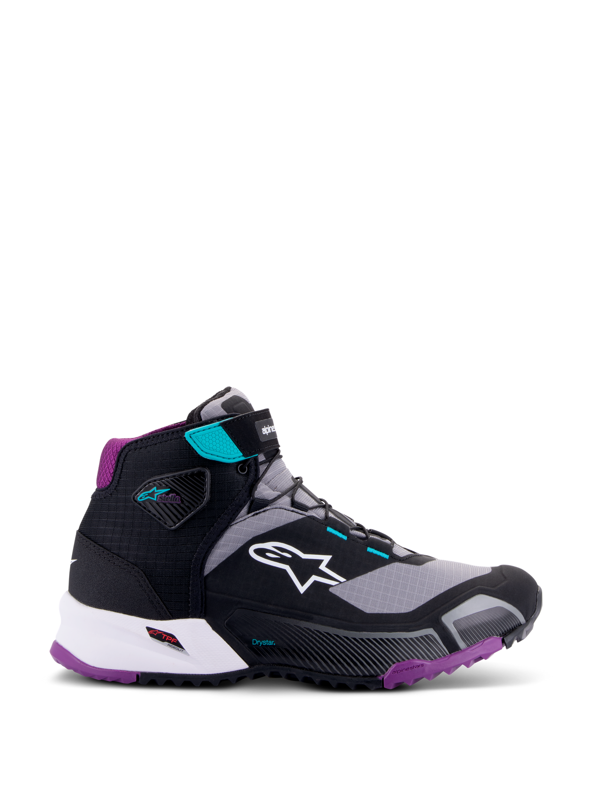 Alpinestars CR-X Women's Drystar® Riding Shoe, czarno-szaro-śliwkowo-turkusowe, wysokie damskie obuwie motocyklowe, białe logo Alpinestars z boku, fioletowa podeszwa i wyściółka pięty, turkusowe akcenty na pasku przy kostce i szlufkach, smukły sportowy design do turystyki i codziennych dojazdów