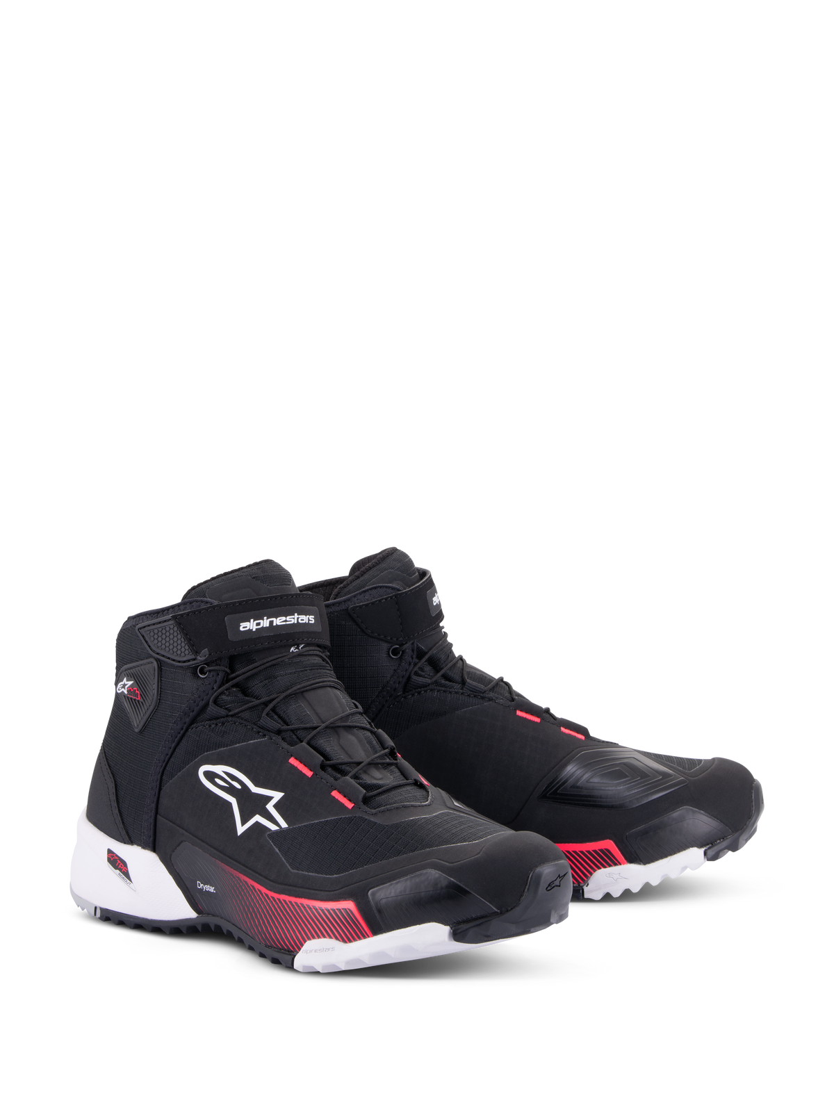 Alpinestars CR-X Women's Drystar® Riding Shoes, damskie buty motocyklowe, czarno-białe z różowymi akcentami Diva Pink, widok z przodu pod kątem trzech czwartych, cholewka z materiału ripstop z białym logo Alpinestars, różowe detale na podeszwie środkowej i przelotkach sznurowadeł, smukła i ochronna konstrukcja turystyczna