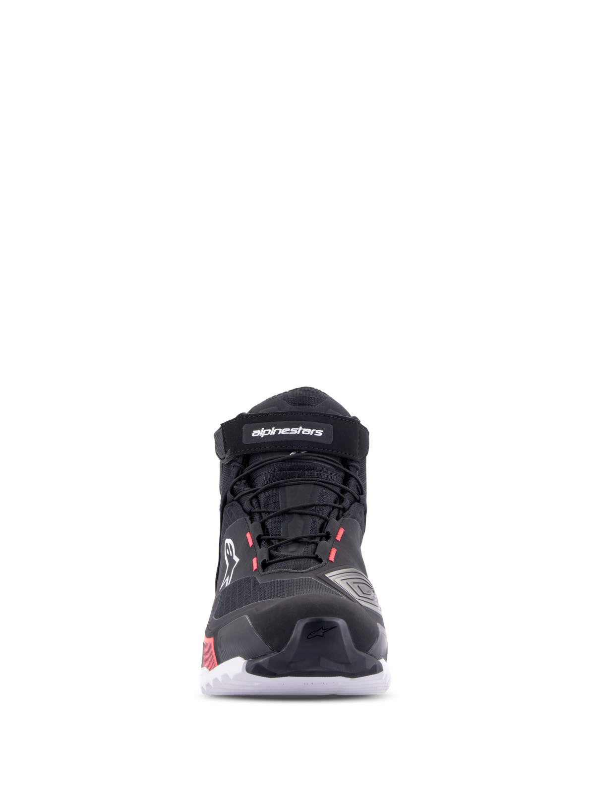 Damskie buty motocyklowe Alpinestars CR-X Drystar®, czarno-białe z różowymi akcentami Diva Pink, widok z przodu, wodoodporne obuwie z techniczną tekstylną cholewką, sznurowadłami i zapięciem na rzep, białe logo i różowe detale.