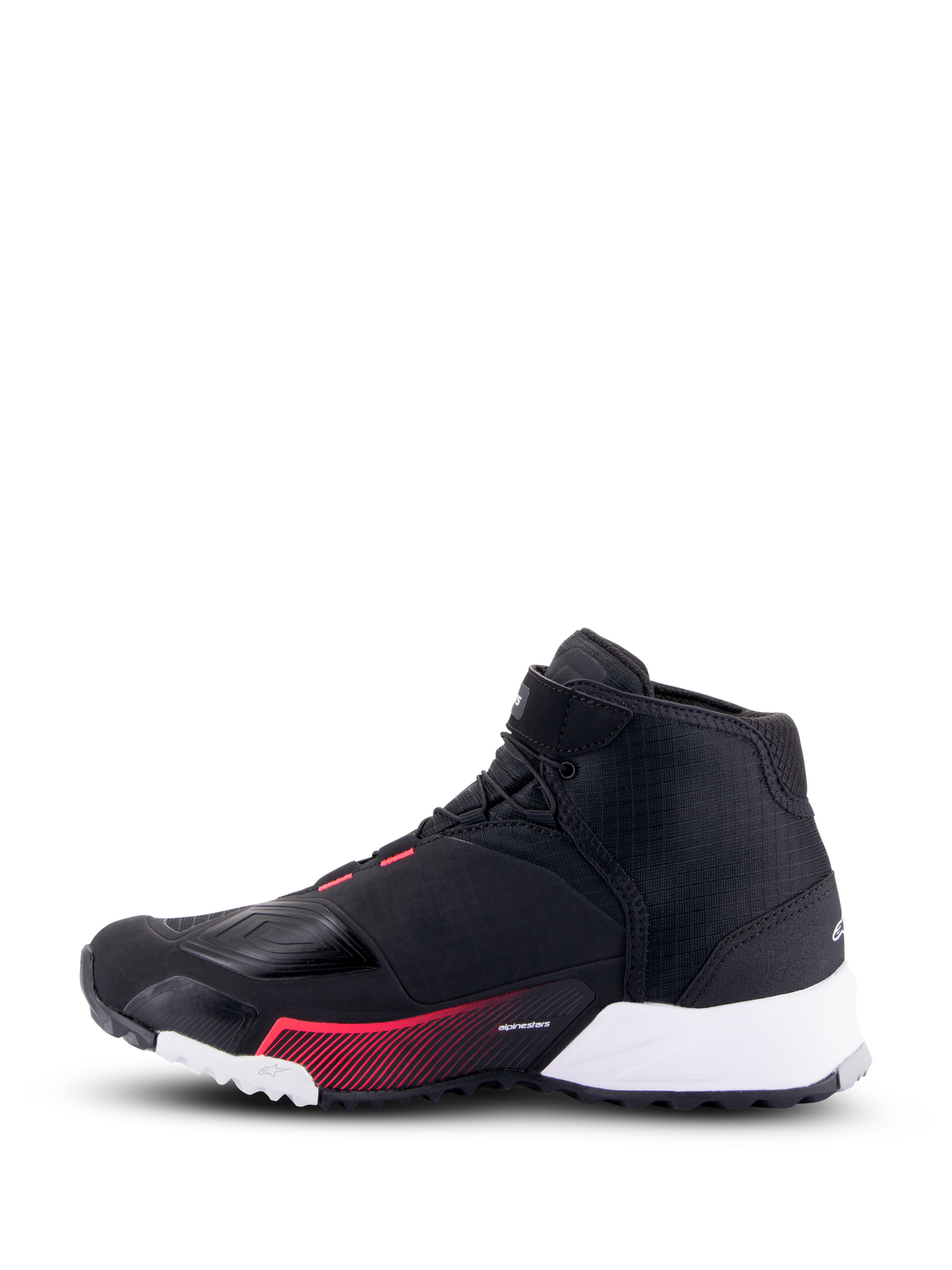 Damskie buty motocyklowe Alpinestars CR-X Drystar®, buty motocyklowe, kolor czarno-biały i Diva Pink, widok z profilu bocznego prezentujący czarną cholewkę ripstop, białą sekcję pięty i różowe akcenty graficzne, styl miejski z funkcjami ochronnymi